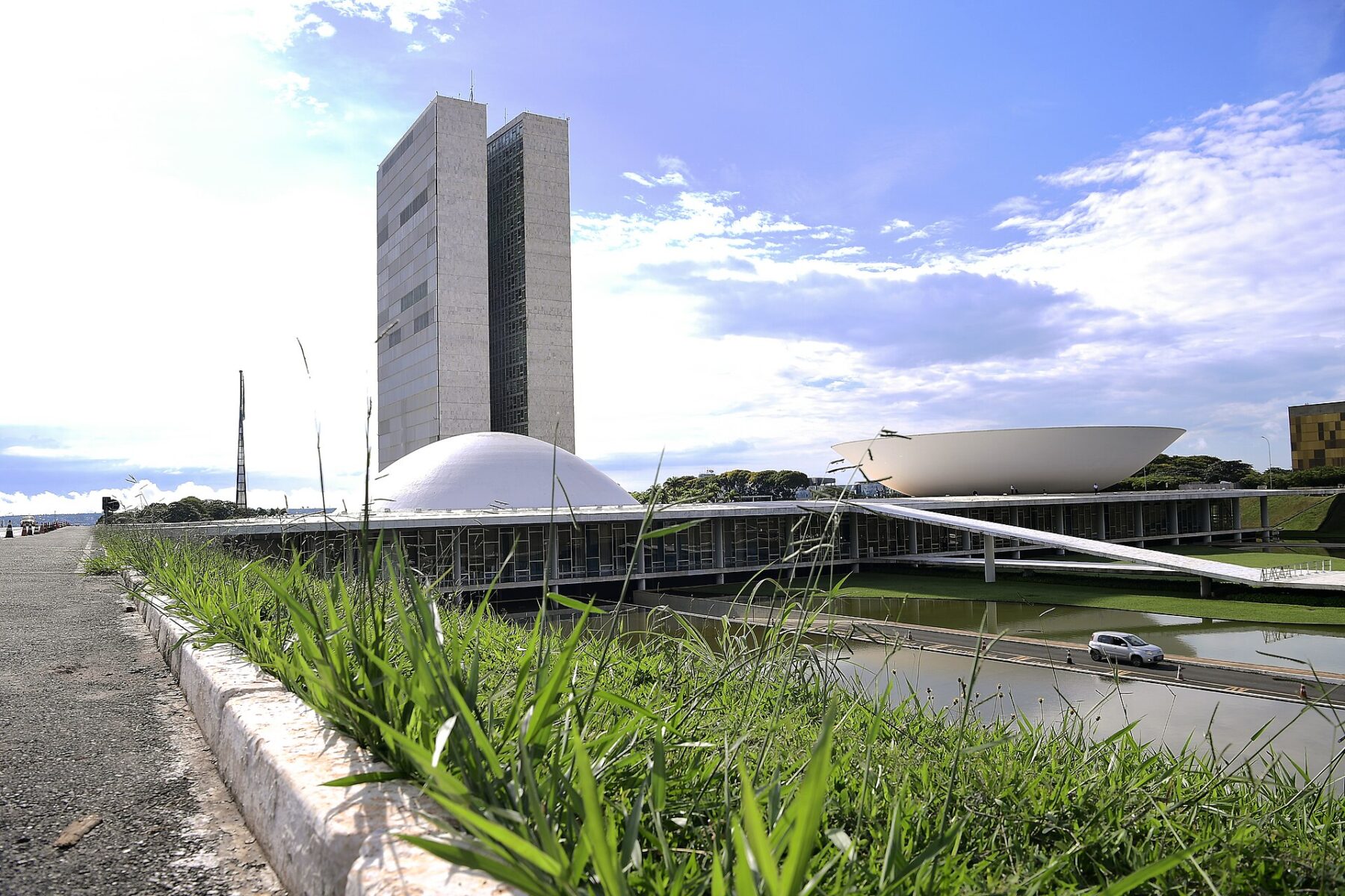 The twin office towers, white dome and upturned bowl of Brazil's National Congress in Brasília behind tall grass and a strip of water