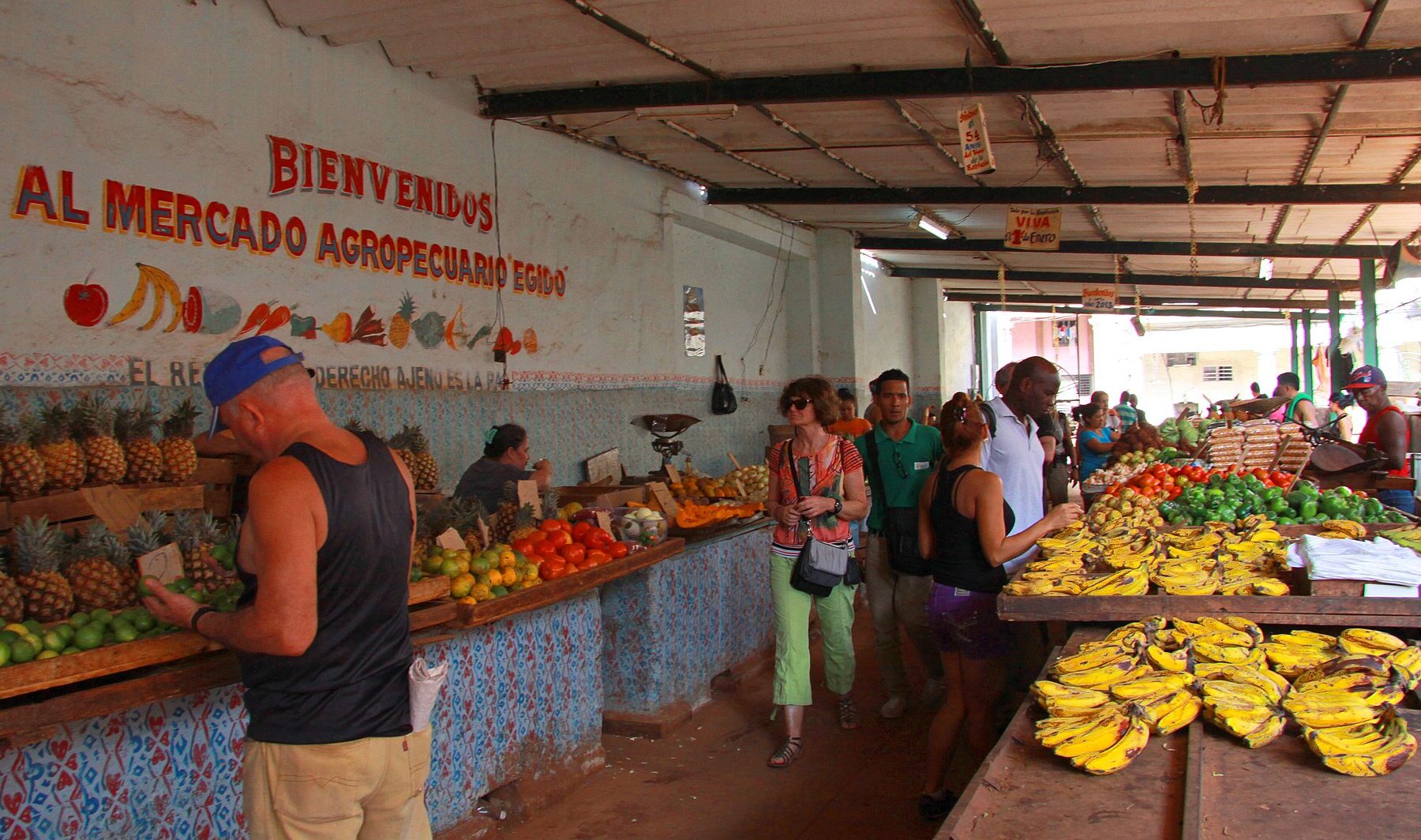 Shoppers and vendors in a covered Havana market hall with piles of pineapples, bananas, tomatoes and peppers and a painted welcome sign