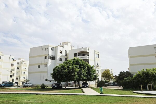 Apartment blocks with trees and a playground in a residential district of Benghazi, eastern Libya