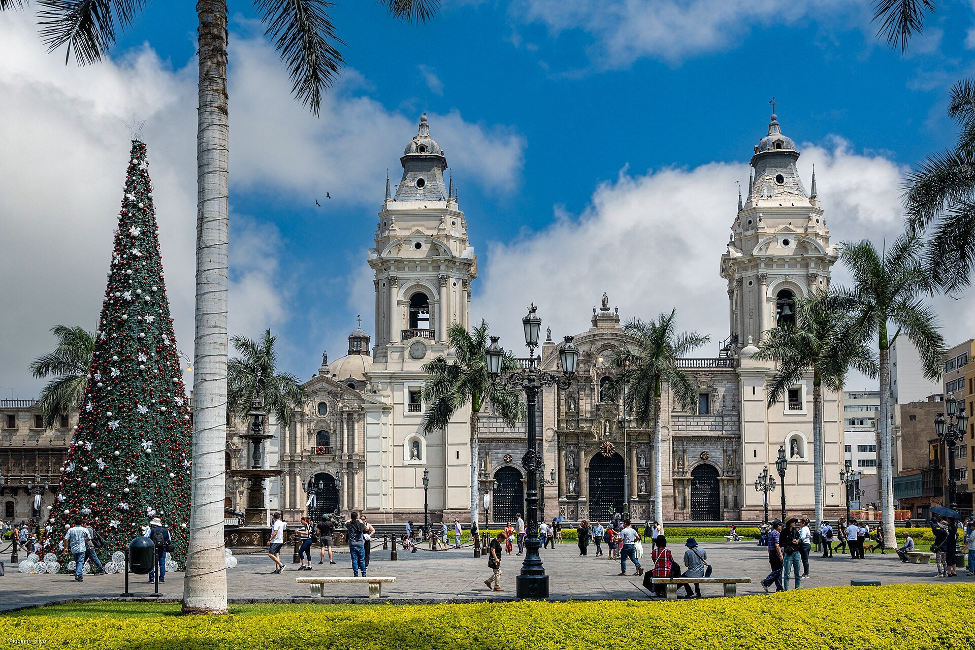 Lima Cathedral and the Plaza Mayor in the Historic Centre of Lima, Peru, with palm trees and a Christmas tree