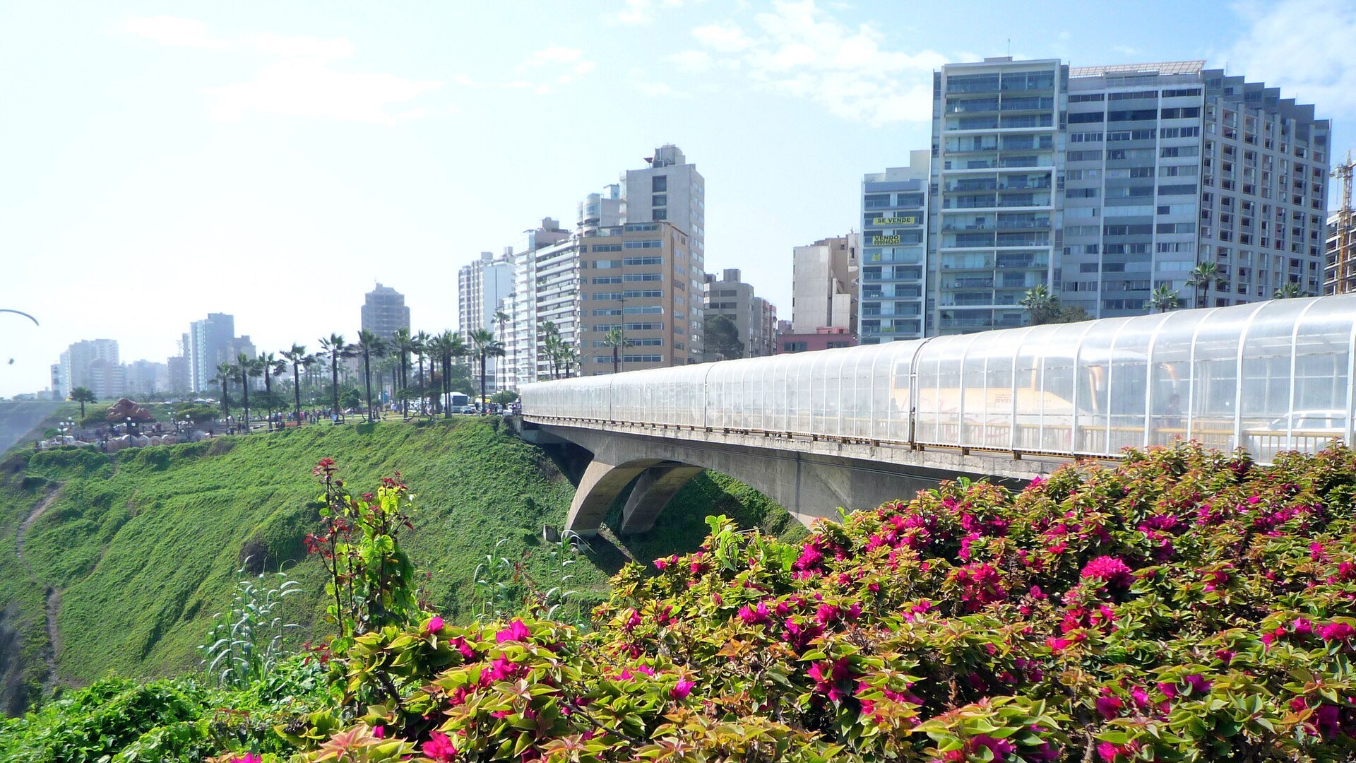 Apartment towers and a covered bridge on the cliff edge in the Miraflores district of Lima, Peru