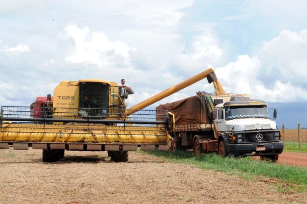 A yellow combine harvester unloading soybeans into a parked grain truck in a field in Rondonópolis, Mato Grosso, under a cloudy sky