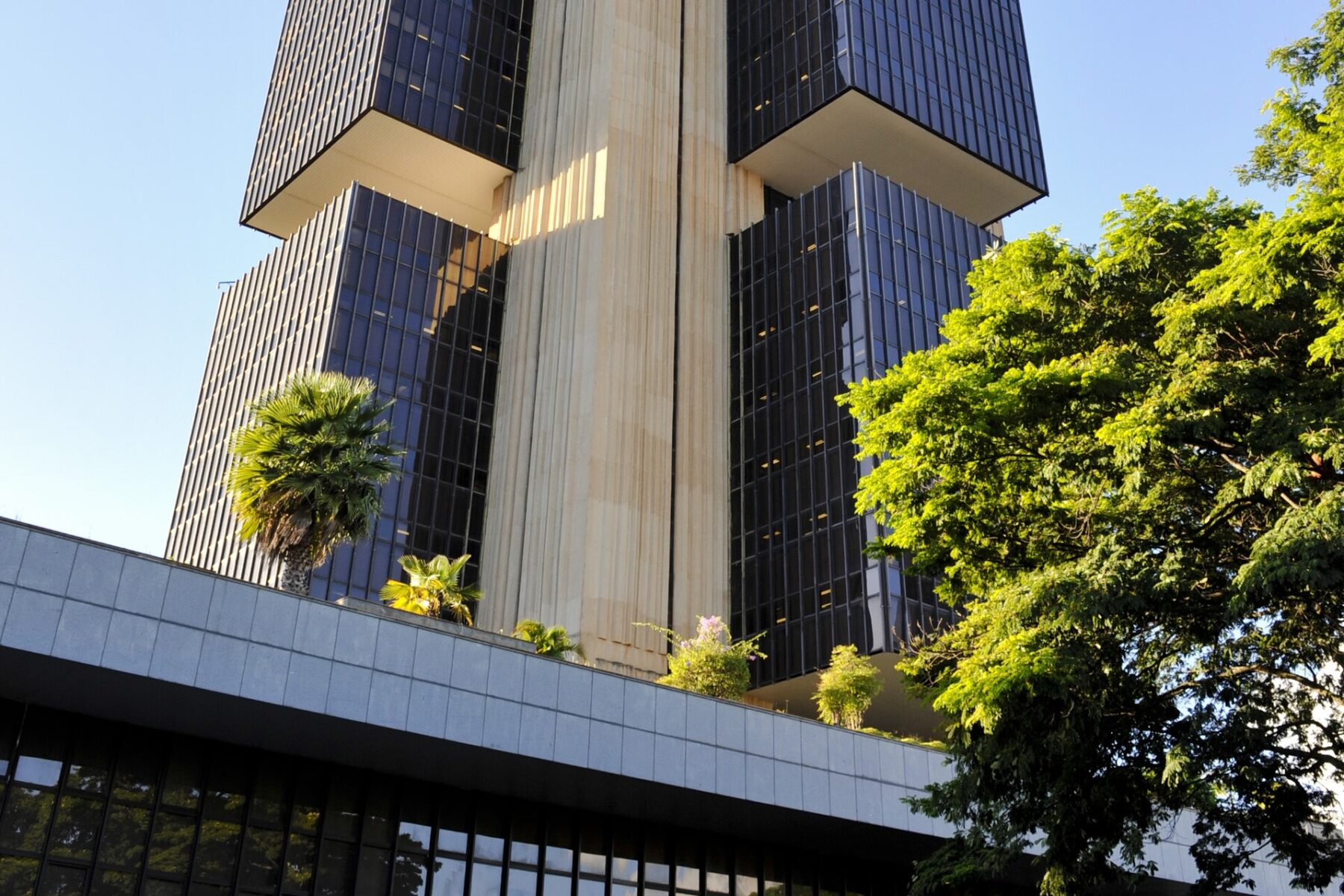 The dark glass towers and stone core of the Central Bank of Brazil headquarters in Brasilia seen from below, with trees in the foreground