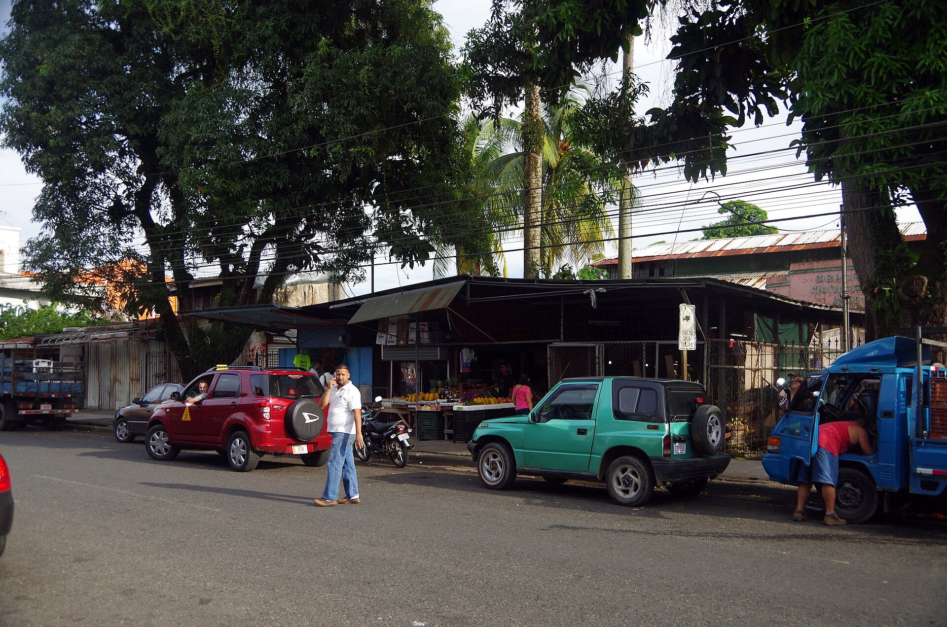 A street in Puerto Limón with parked cars, a man walking and market stalls with fruit under a long roof, shaded by large trees and palms