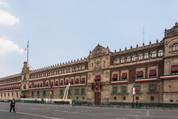 The long stone facade of Mexico's National Palace on the Zocalo in Mexico City