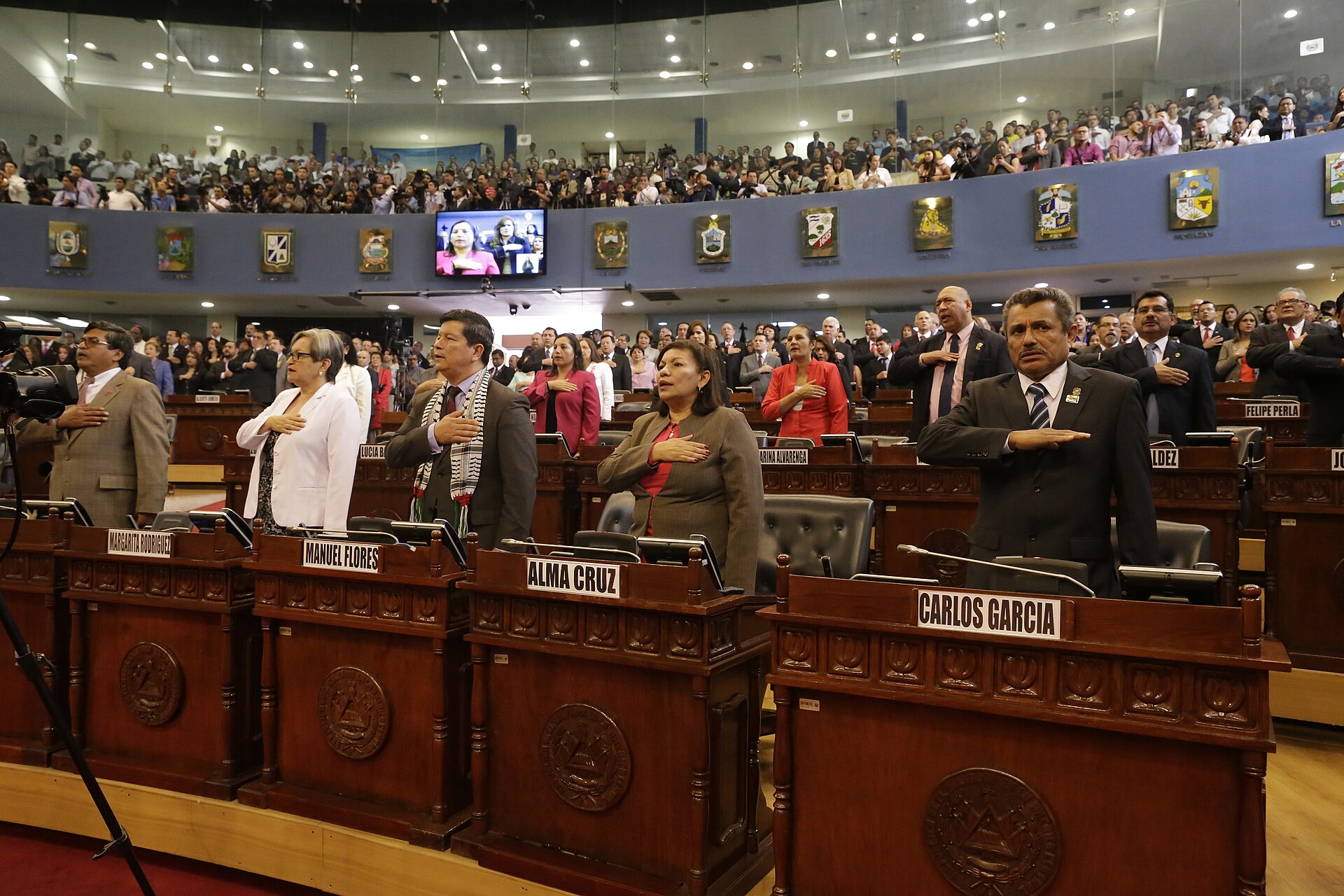 Deputies standing at their desks with hands on their chests in the debating chamber, with a gallery of spectators behind