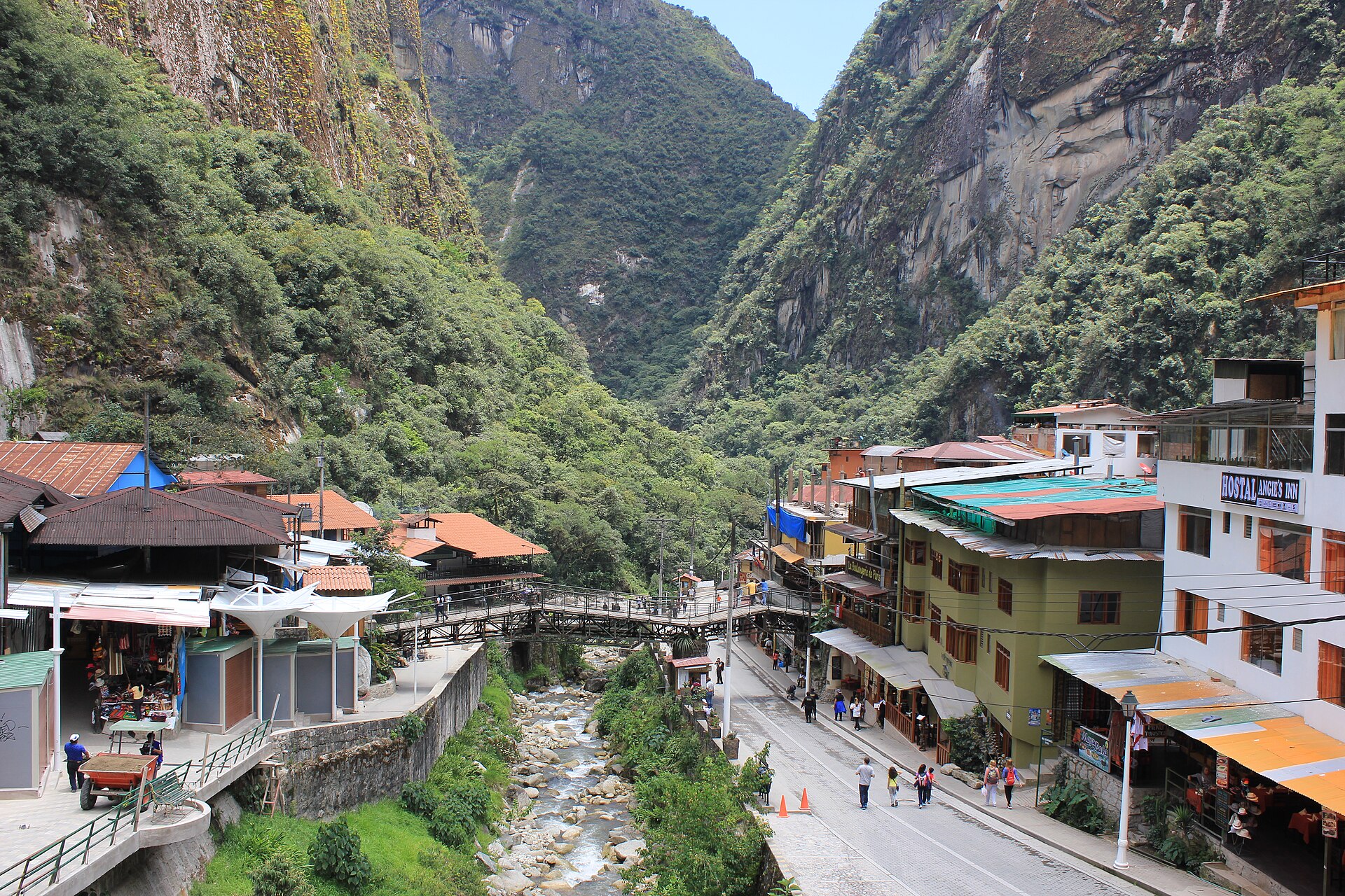 Main street and river in Machupicchu Pueblo, the town below Machu Picchu, Peru