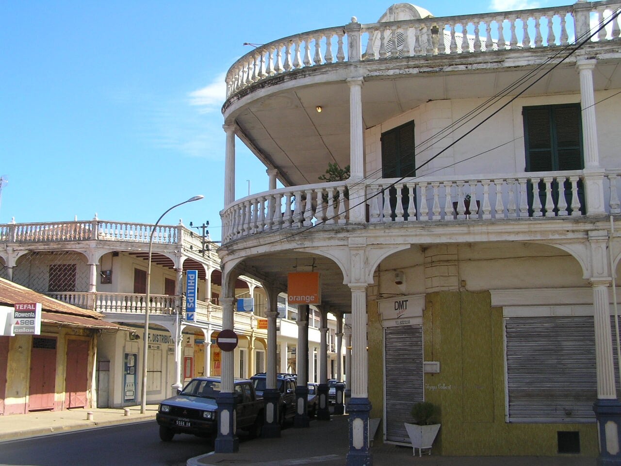 Colonial-era buildings with balconies in downtown Antsiranana, northern Madagascar.