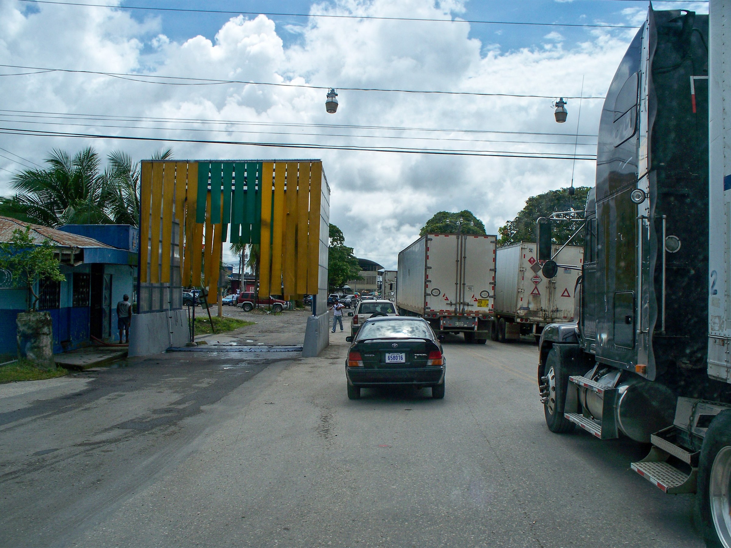 Trucks and cars on the Pan-American Highway at the Costa Rica-Panama border near Paso Canoas