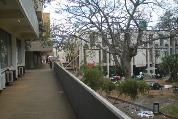 Centre House Arcade shopping and office complex in central Lilongwe, Malawi, with a bare tree and people at outdoor tables