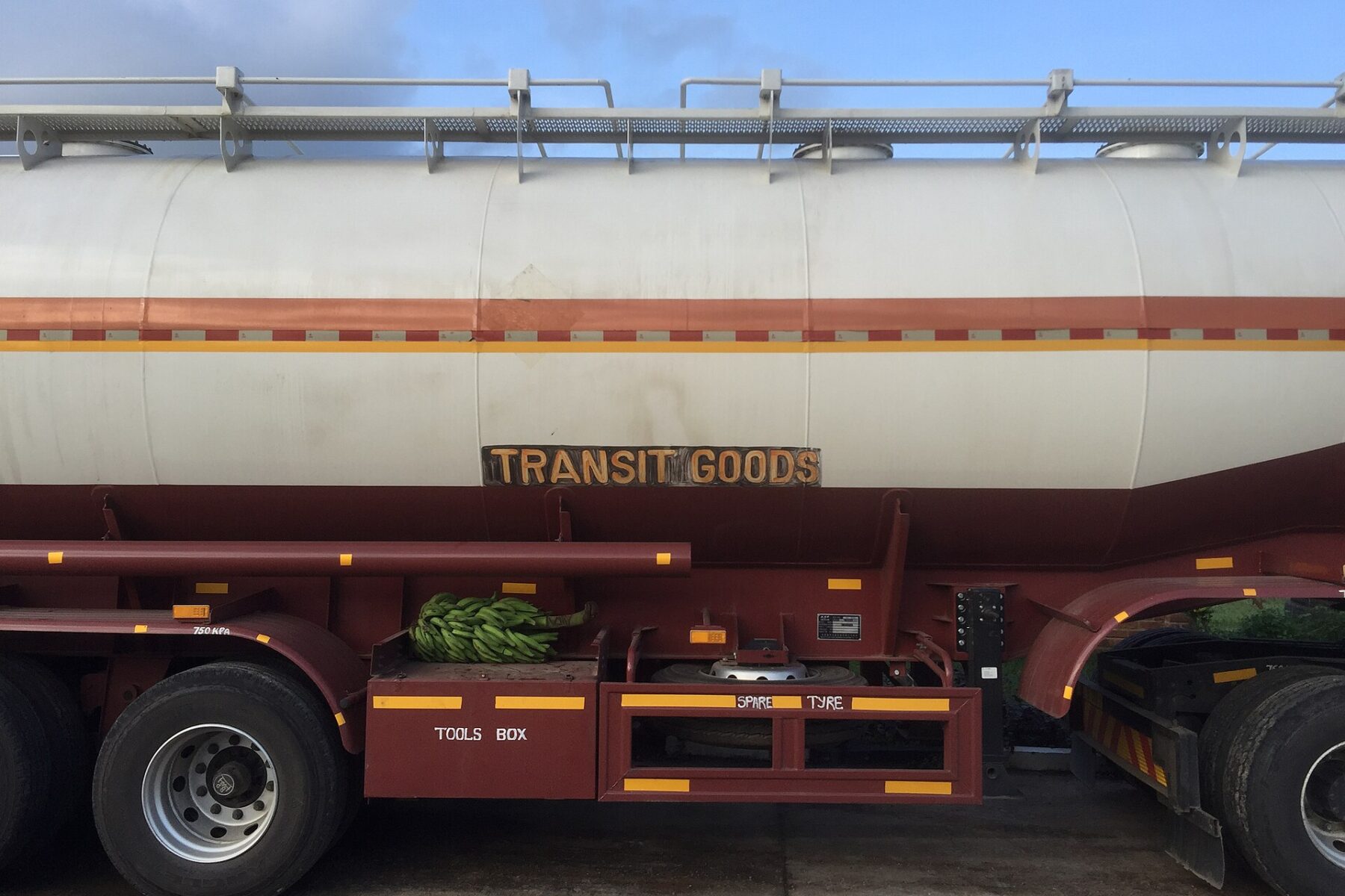 Side of a white and maroon tanker trailer marked Transit Goods, with a bunch of green bananas resting on its chassis