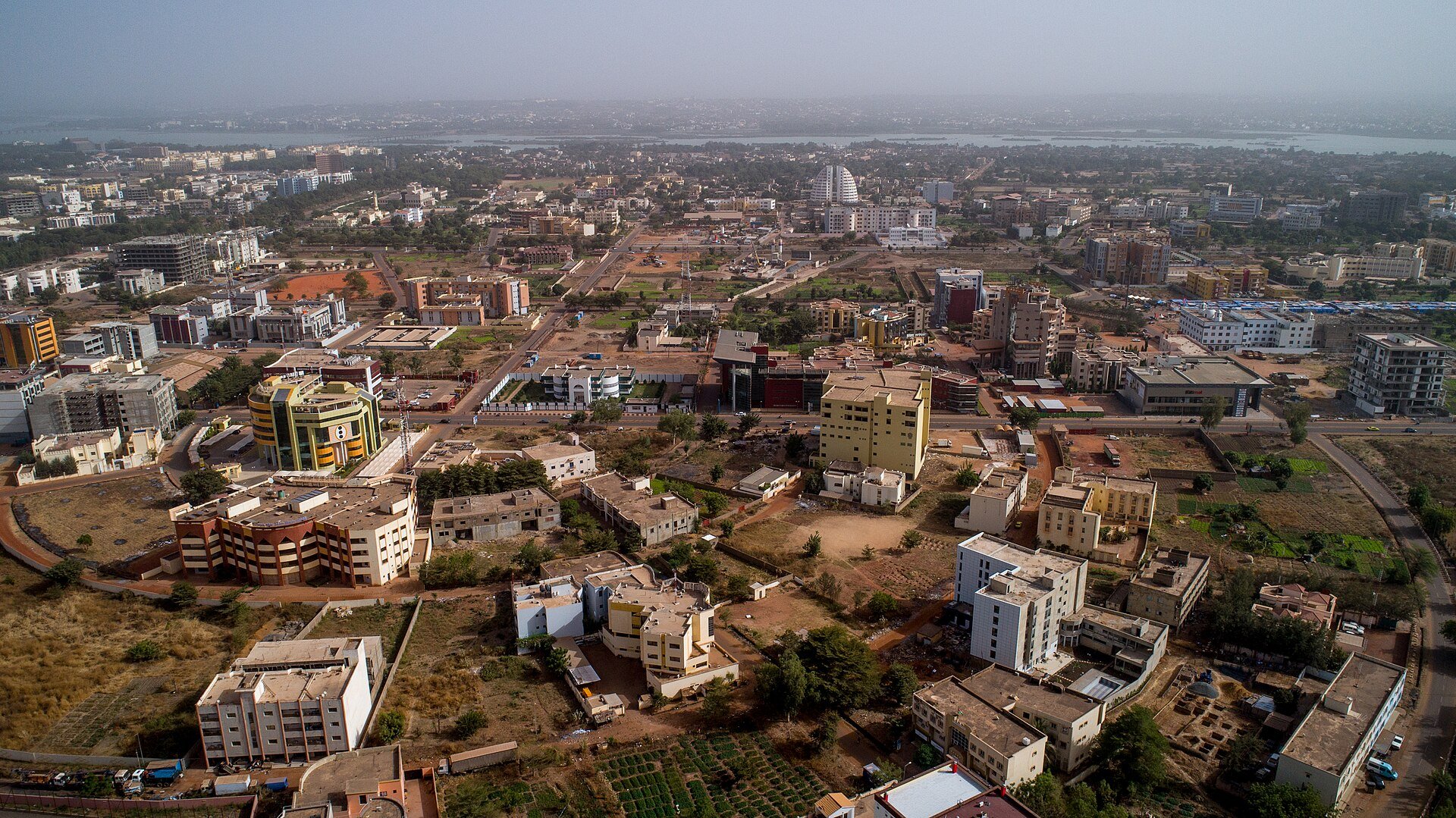 Aerial view of the ACI 2000 district of Bamako, Mali's capital, with the Niger River on the horizon