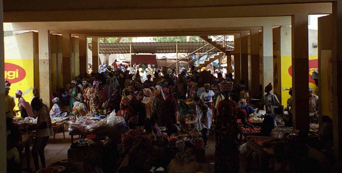 Crowded covered market hall in Mopti, central Mali
