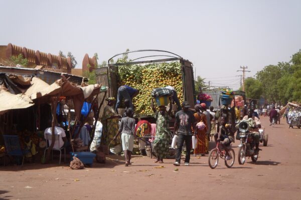 Traders and shoppers at a street market in Mopti, central Mali