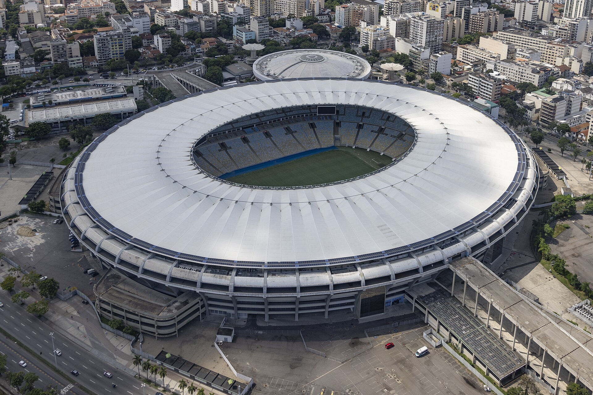Aerial view of the Maracanã stadium in Rio de Janeiro with its white roof and green pitch