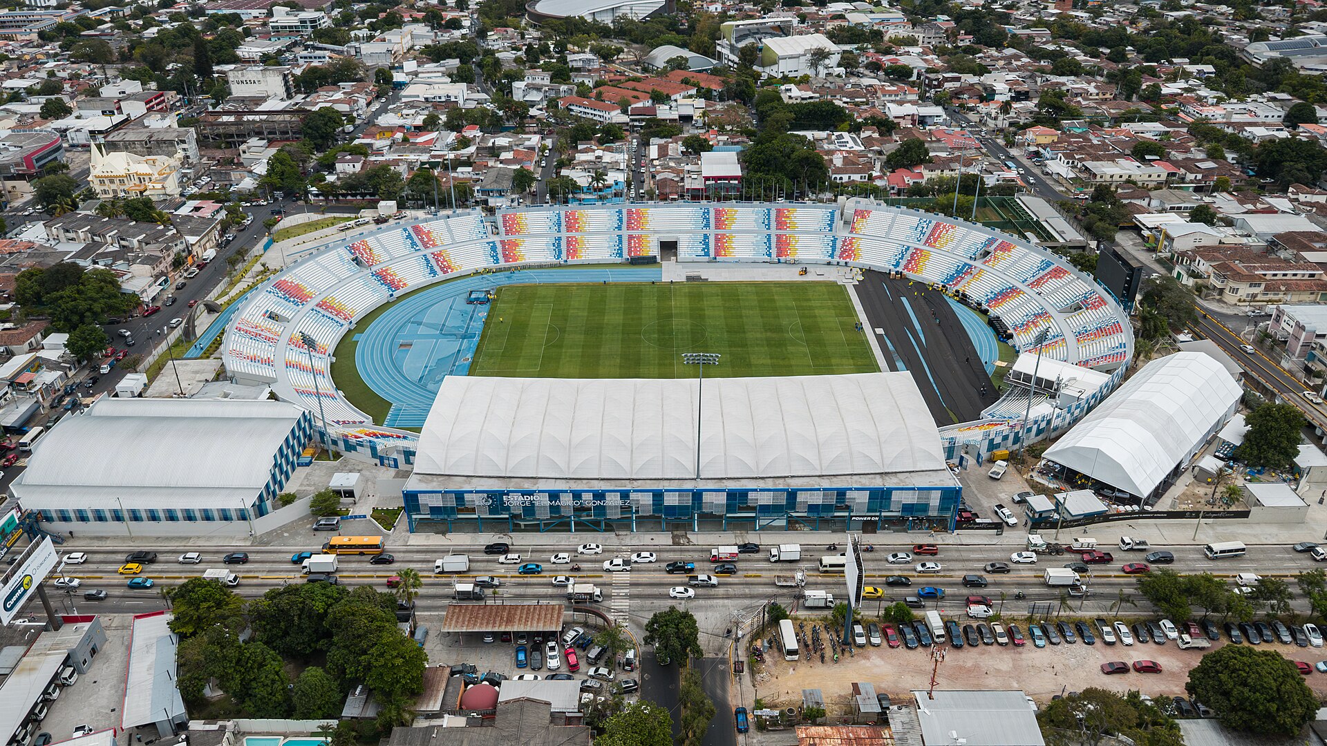 Aerial view of the Estadio Jorge El M&aacute;gico Gonz&aacute;lez in San Salvador, El Salvador