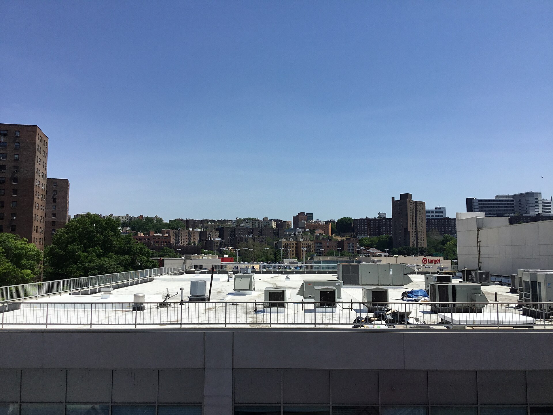 View over rooftops toward Marble Hill and the Bronx, New York City