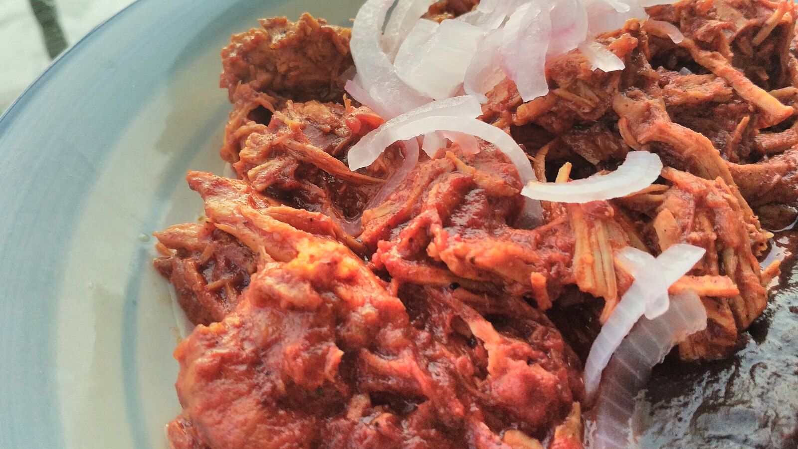 Mexico food from Yucatán: cochinita pibil with sliced red onion