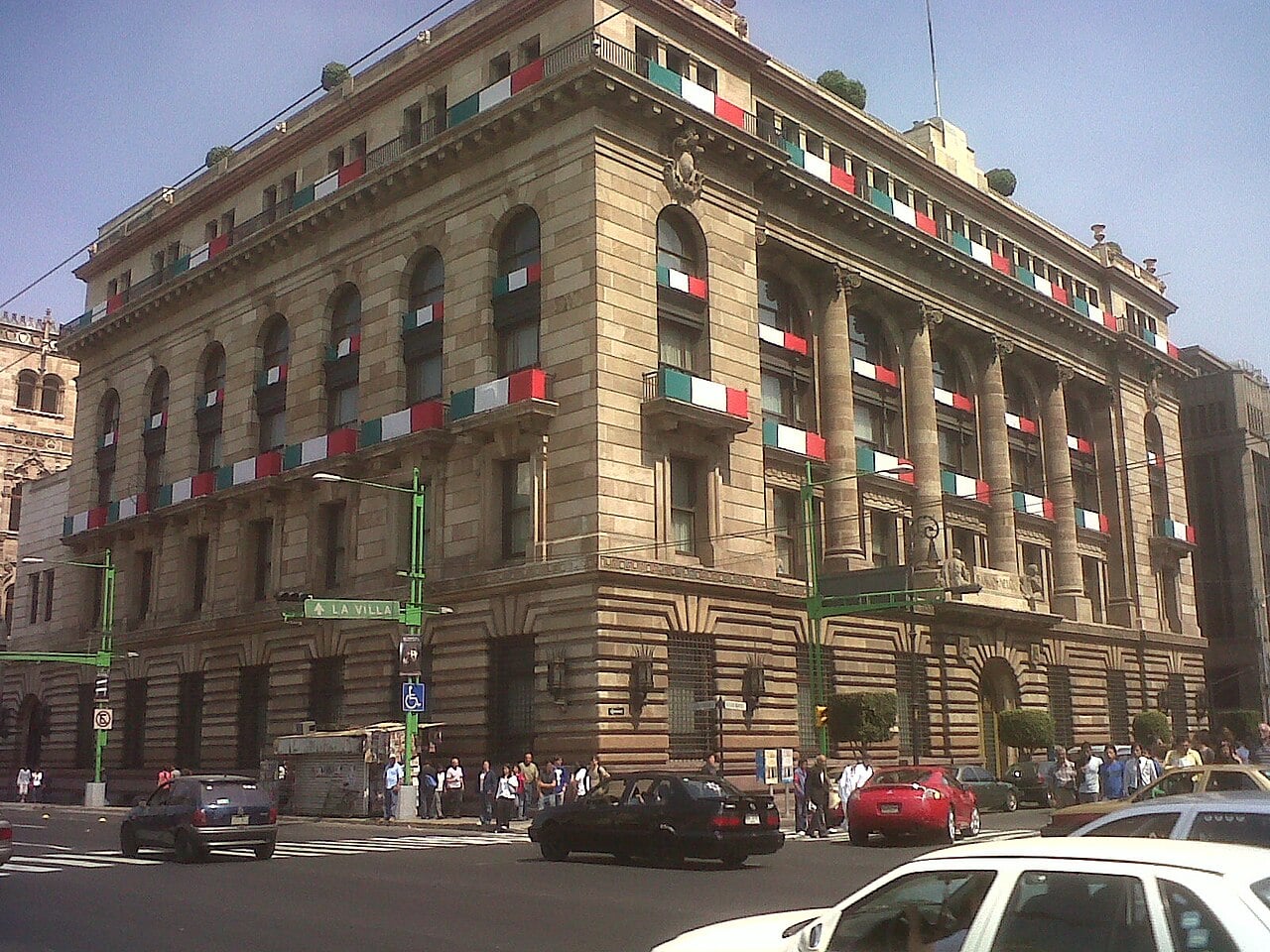 The Banco de México building in Mexico City, decorated with the national colours