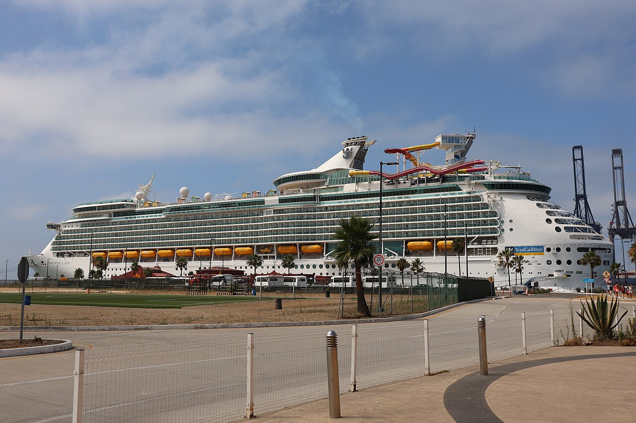 A large Royal Caribbean cruise ship docked at the port of Ensenada behind palm trees and a fenced walkway