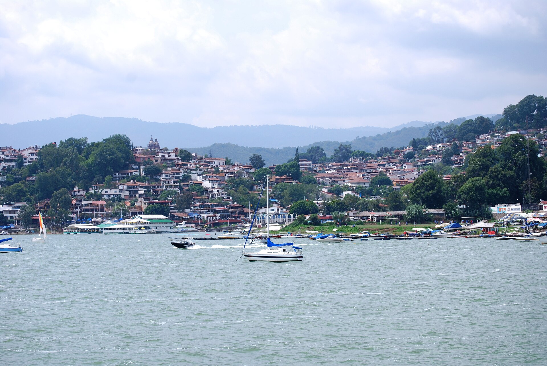 Valle de Bravo town and marina seen from the reservoir in the State of Mexico