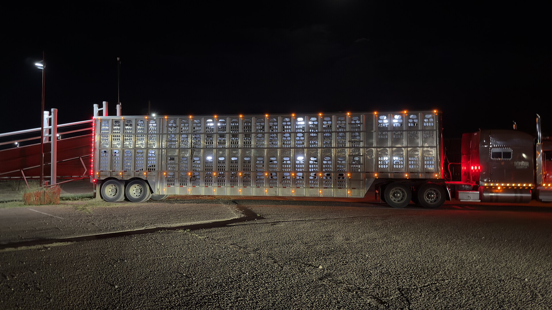 A cattle trailer at night at the Douglas, Arizona port of entry