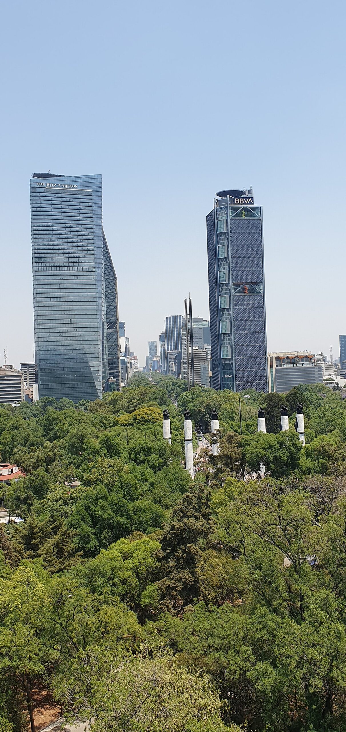 Glass office towers rise above the treetops of Chapultepec Park along Mexico City's main boulevard.