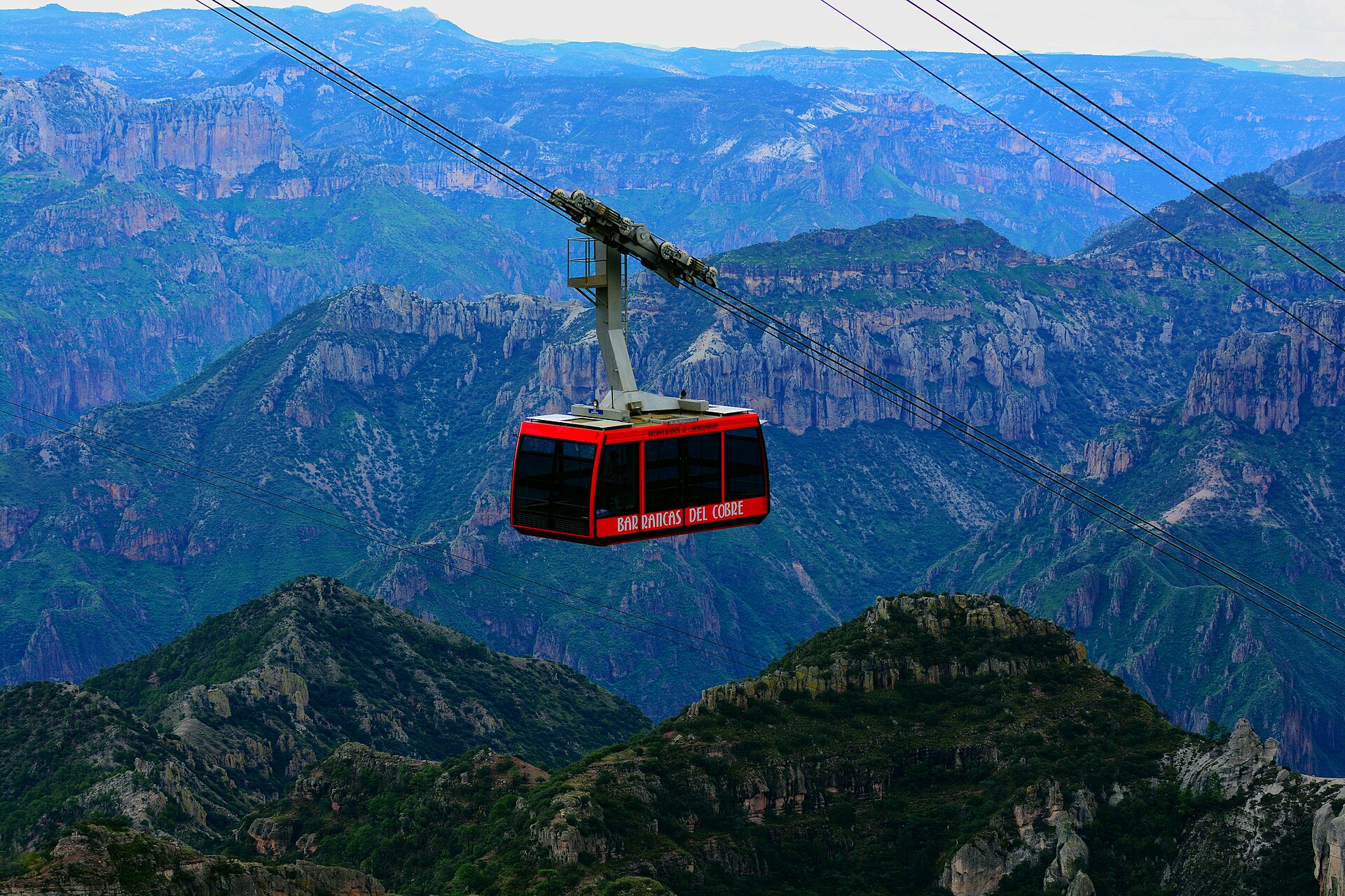 Cable car crossing the Copper Canyon in Chihuahua’s Sierra Tarahumara mountains