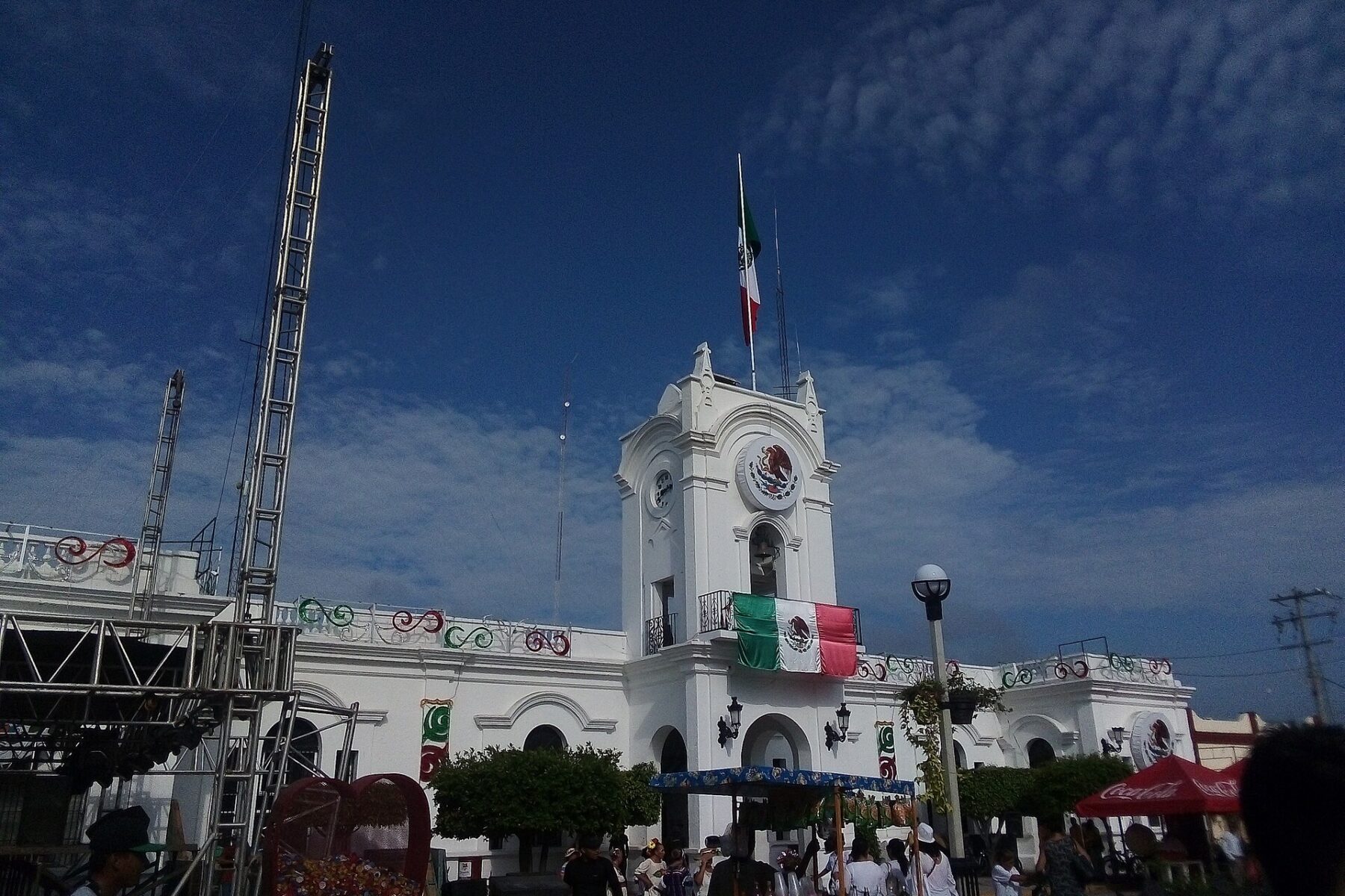 Escuinapa municipal palace in Sinaloa, Mexico, with the Mexican flag on its clock tower