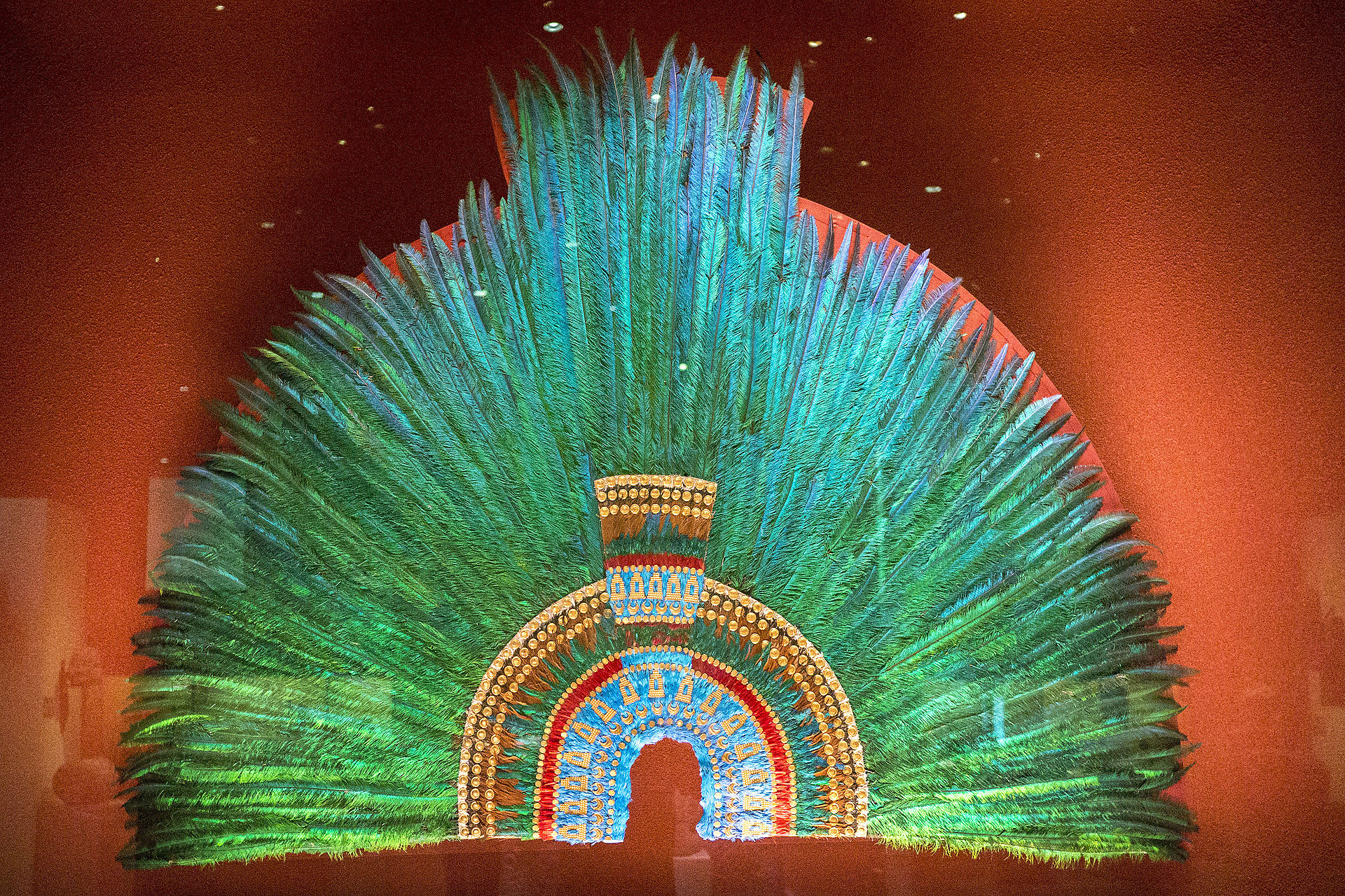 The feather headdress known as Moctezuma’s Penacho on display at the Weltmuseum Wien in Vienna