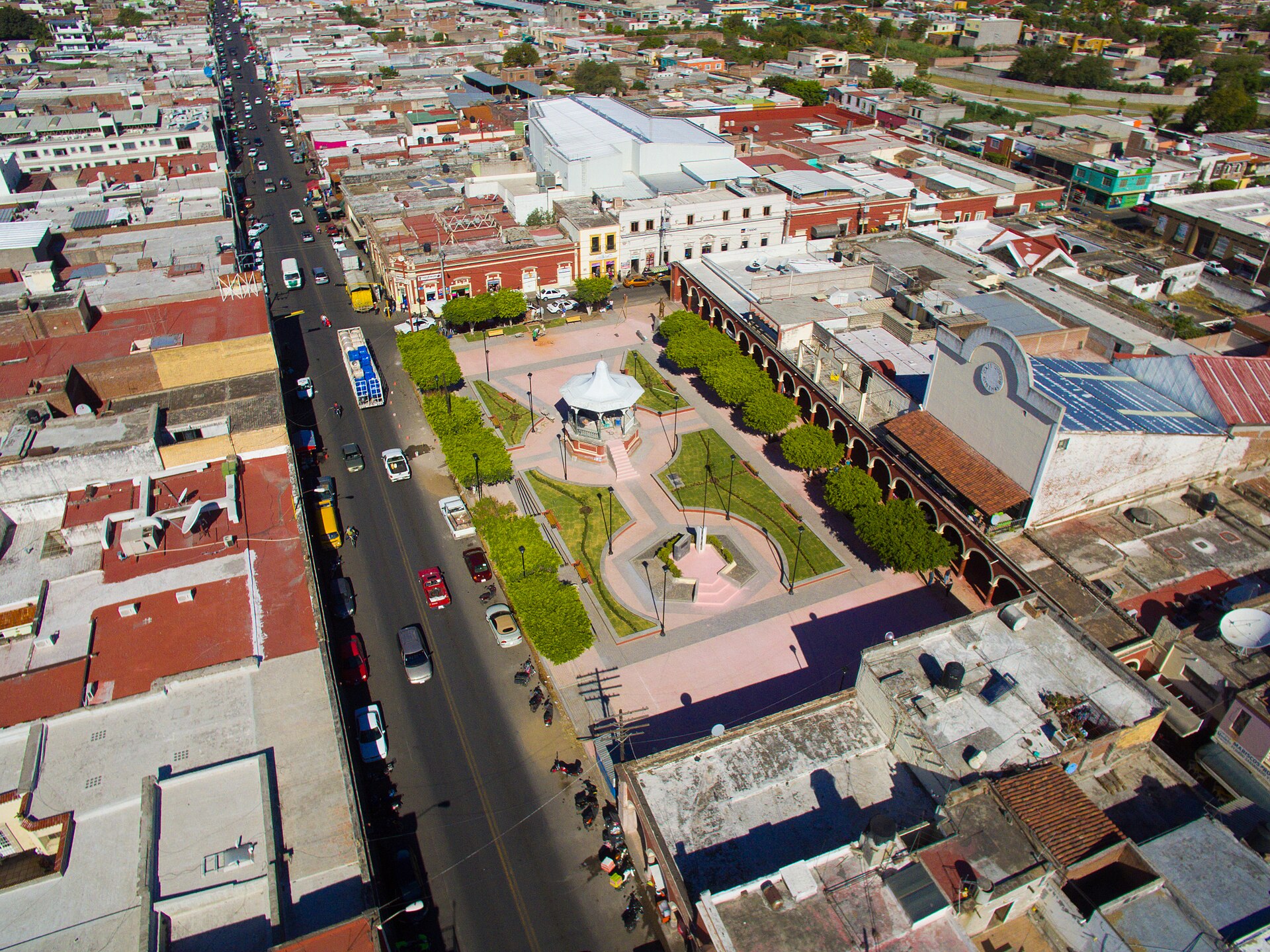 Aerial view of the main square of Ixtlan del Rio, Nayarit, Mexico