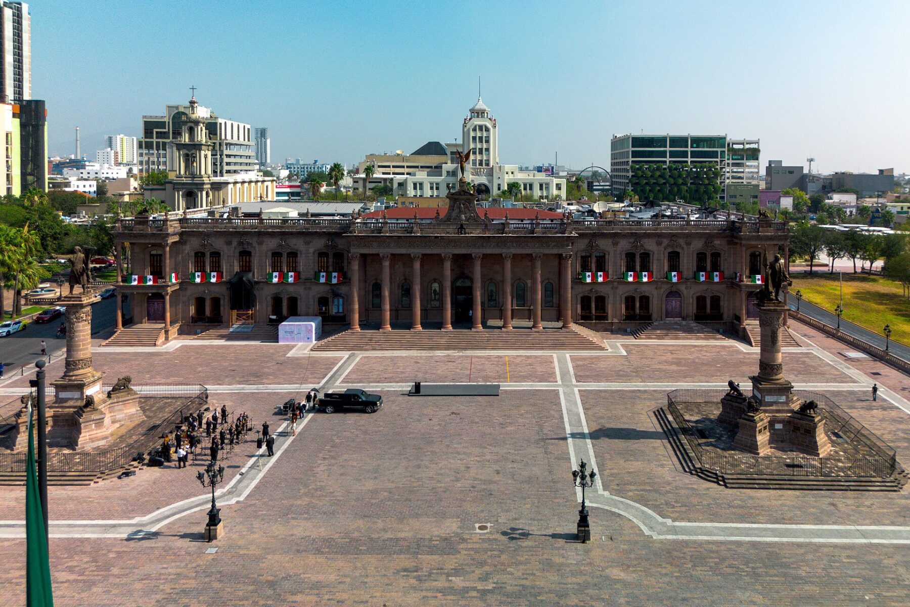 Aerial view of the Nuevo León Government Palace in Monterrey, Mexico
