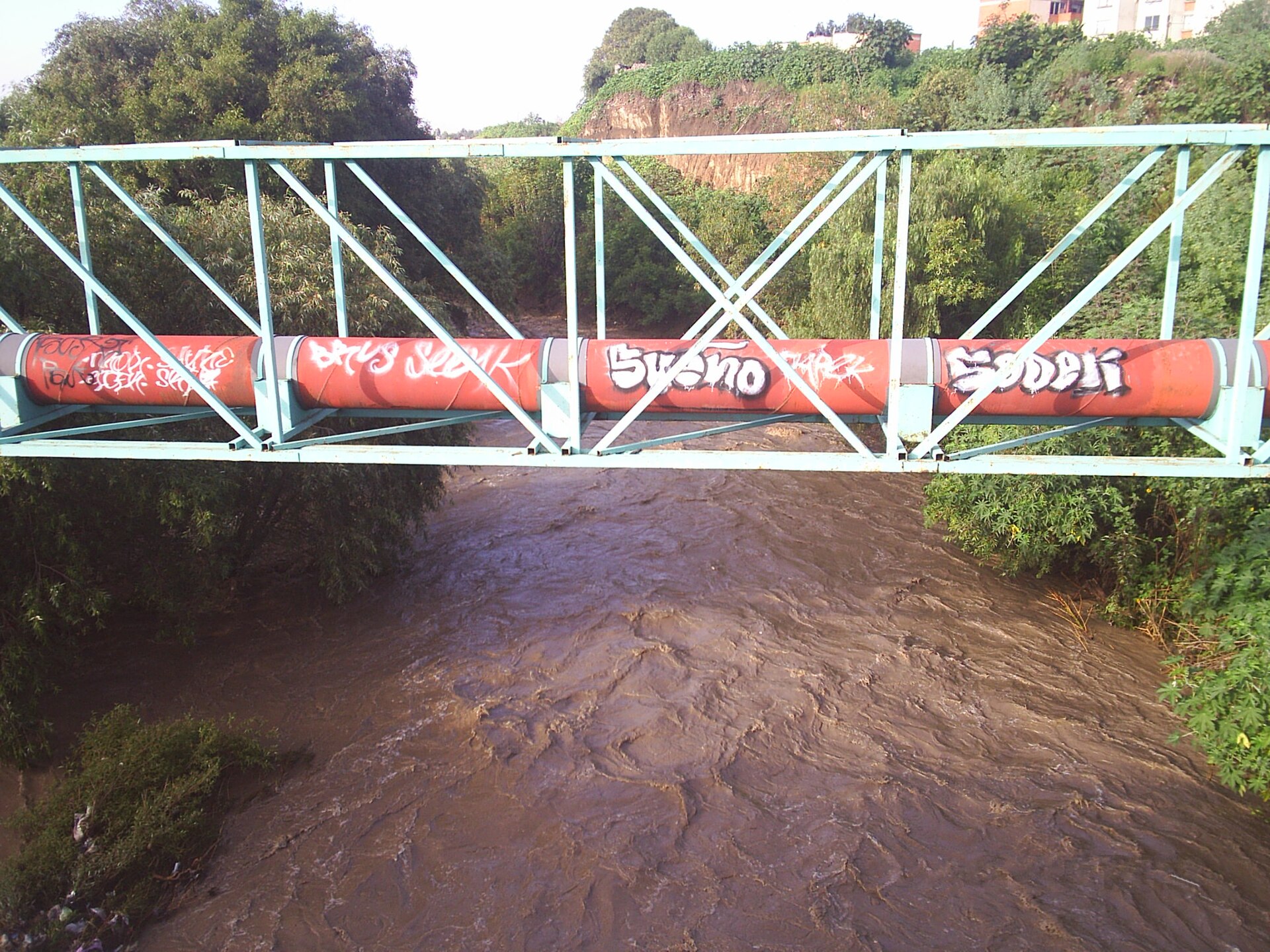 A Pemex pipeline crossing the Atoyac River in the city of Puebla, Mexico
