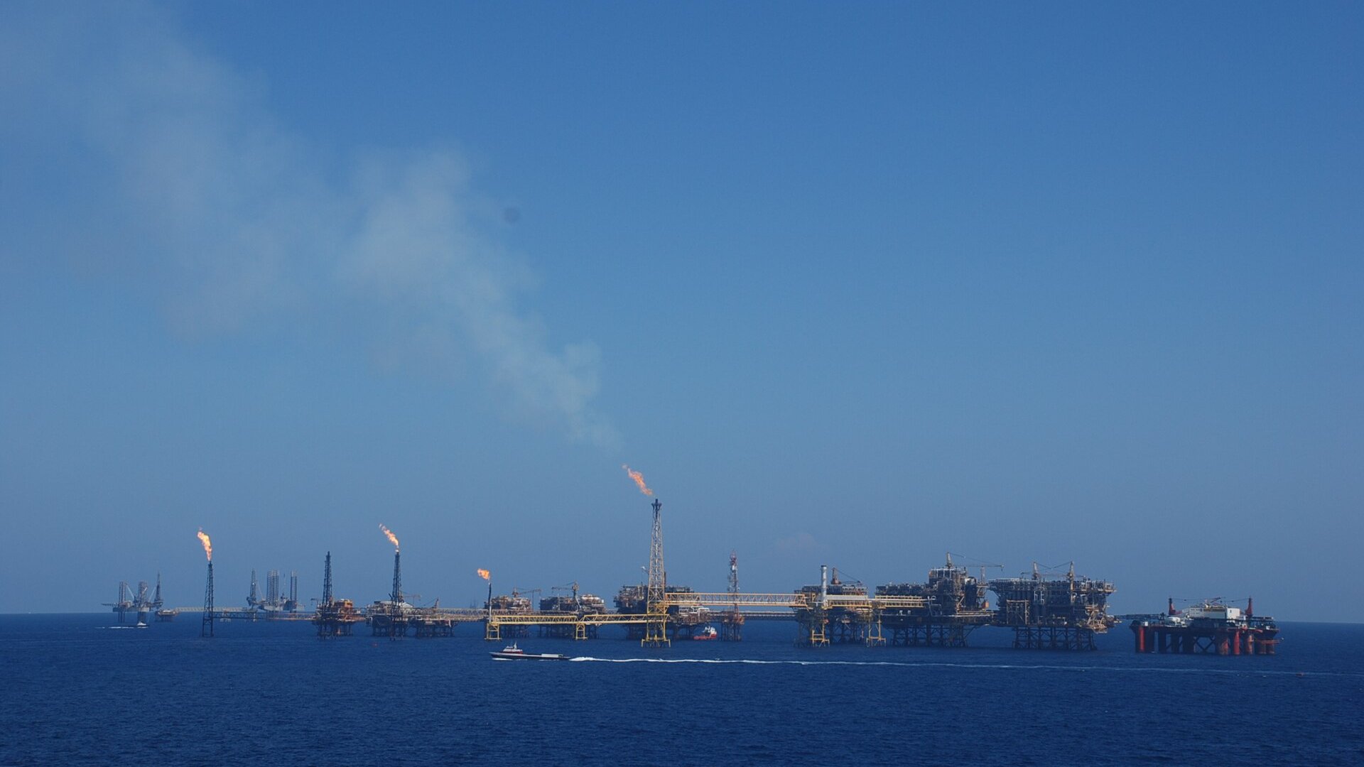 Pemex offshore platforms and gas flares in the Cantarell field in the Gulf of Mexico