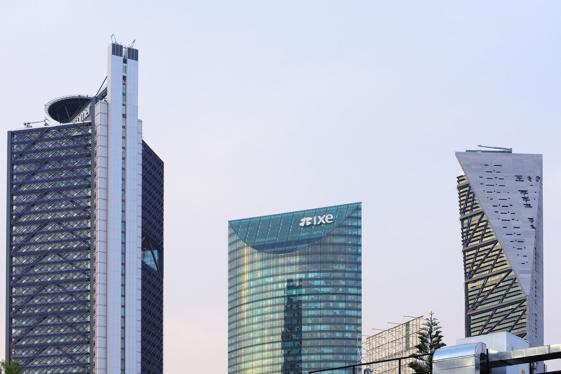 Bank and office towers on Paseo de la Reforma in Mexico City at dusk
