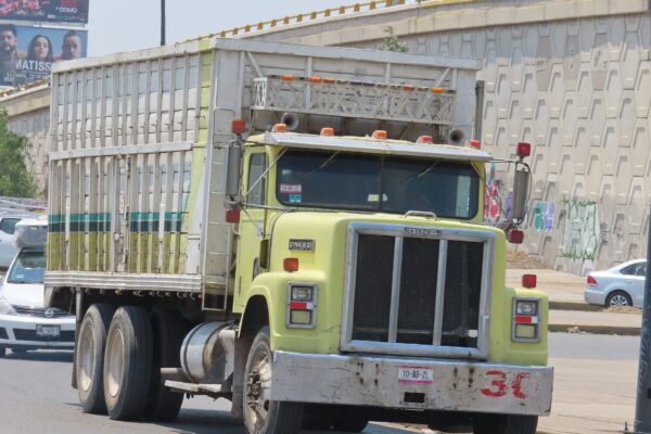 A DINA cargo truck with a slatted wooden body drives on a city road in Mexico