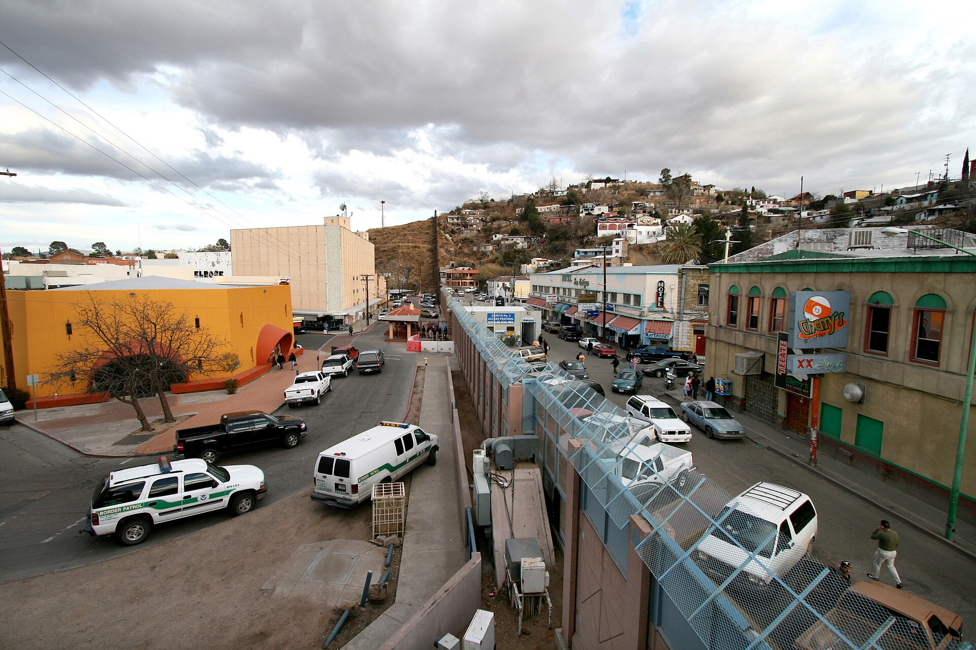The towns of Nogales, Arizona, and Nogales, Sonora, separated by a high border fence