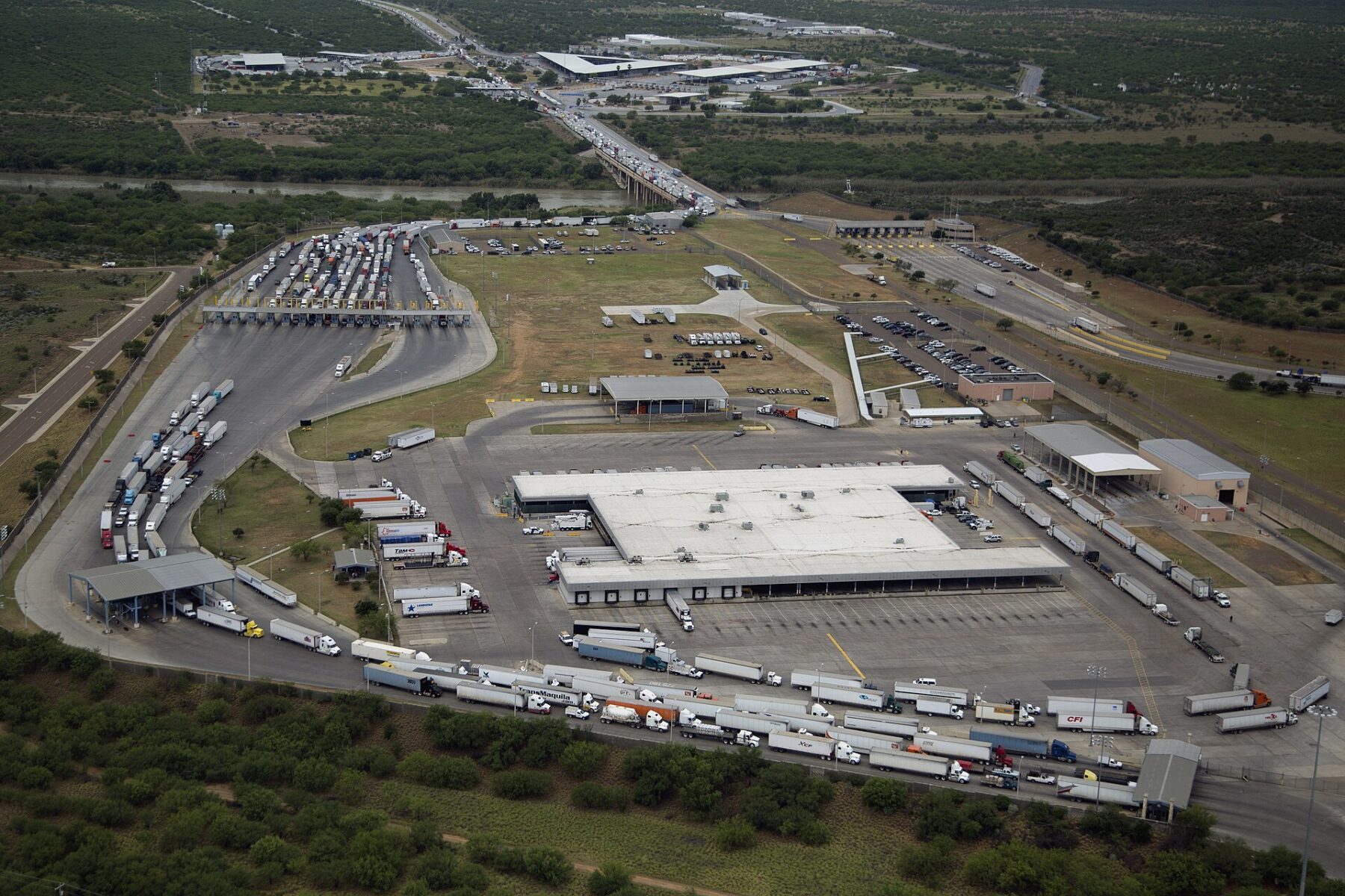 Trucks queue at the World Trade Bridge cargo crossing between Nuevo Laredo, Mexico, and Laredo, Texas