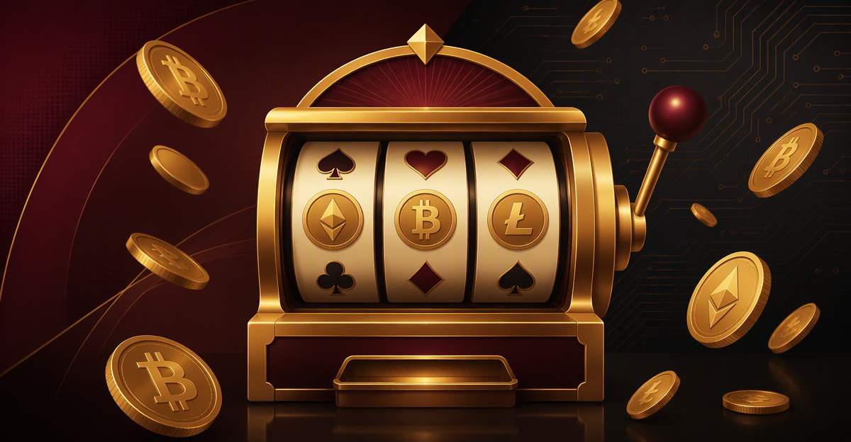 Golden slot machine with cryptocurrency coins