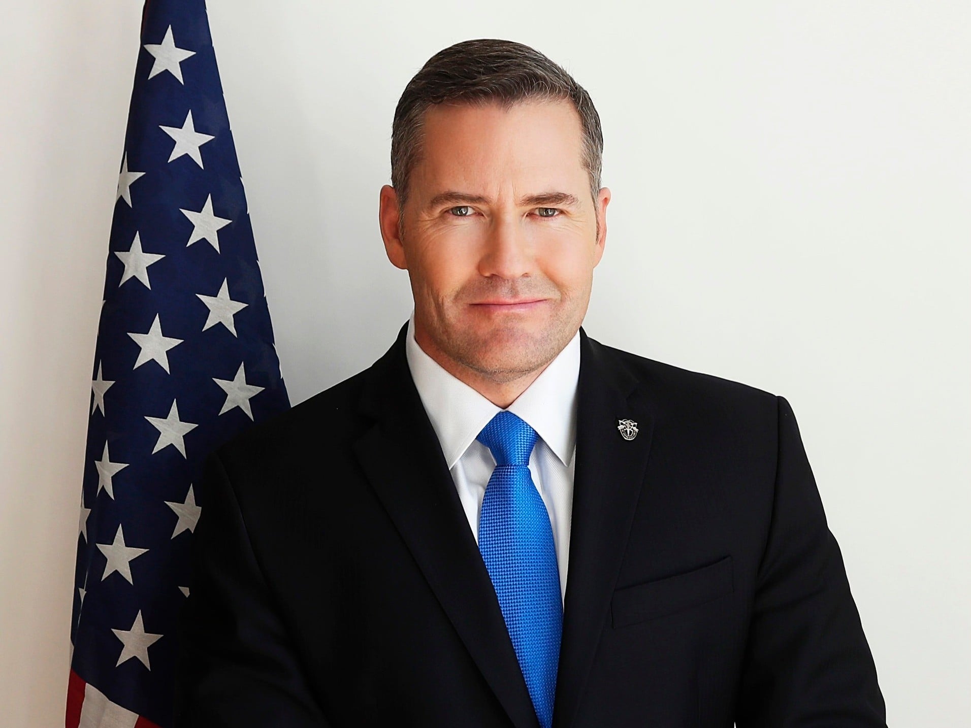 Mike Waltz, US ambassador to the United Nations, in front of a US flag