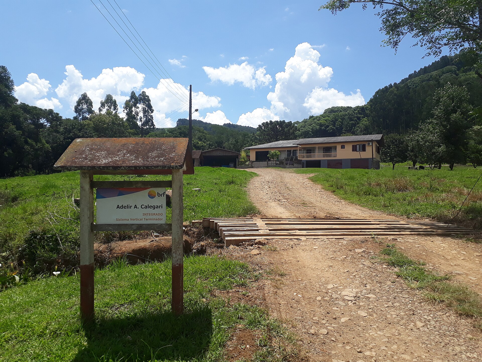 A dirt track and wooden cattle grid lead past a farm sign to a farmhouse and sheds among green hills under a blue sky