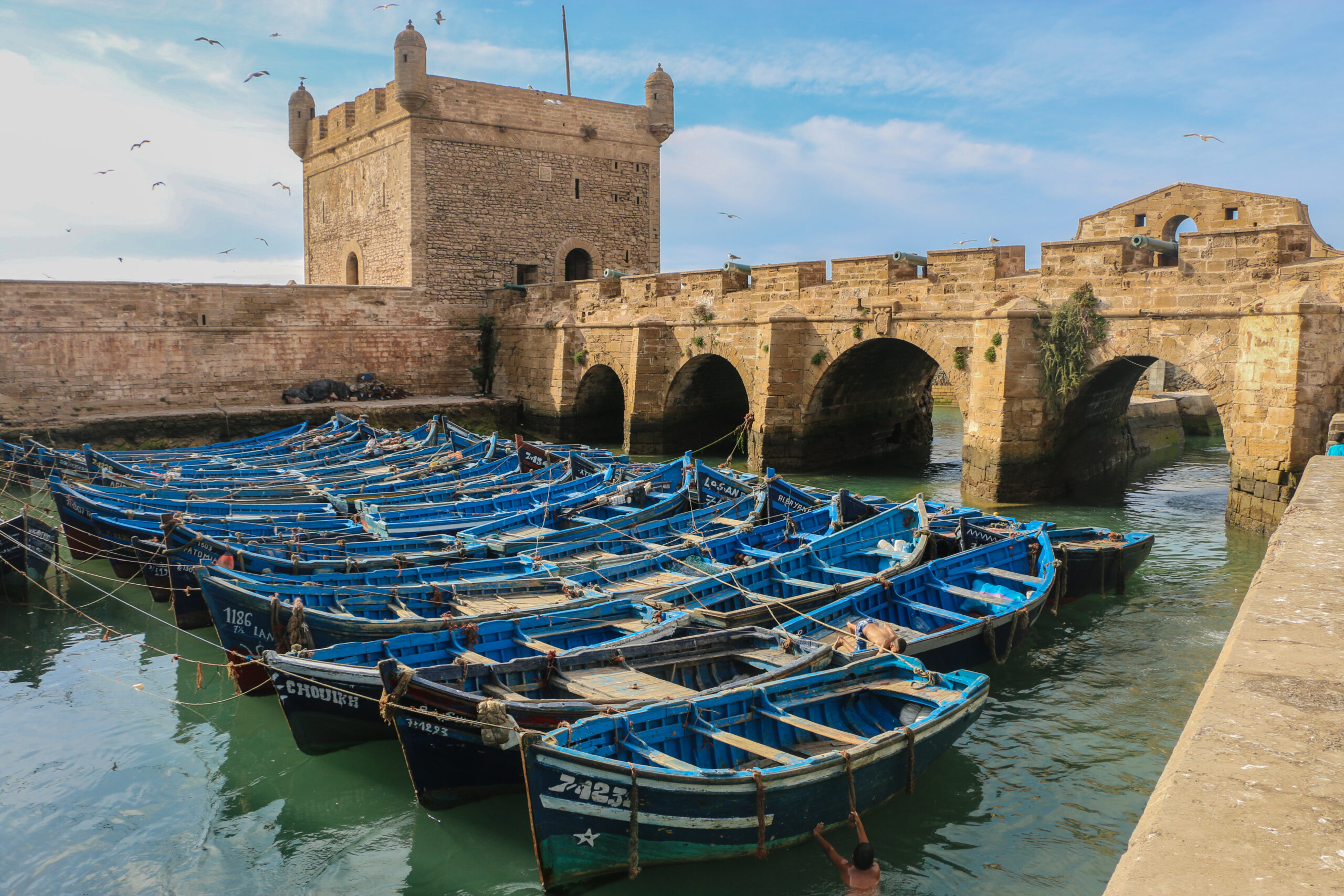 Blue fishing boats moored beside the stone citadel walls of Essaouira on Morocco's Atlantic coast