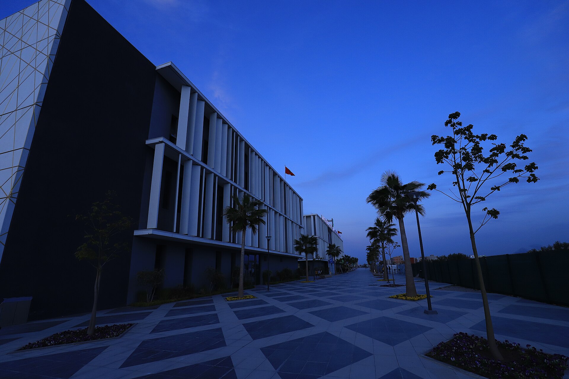 Palm-lined paved walkway beside white-louvred university buildings at dusk, Euromed University of Fès
