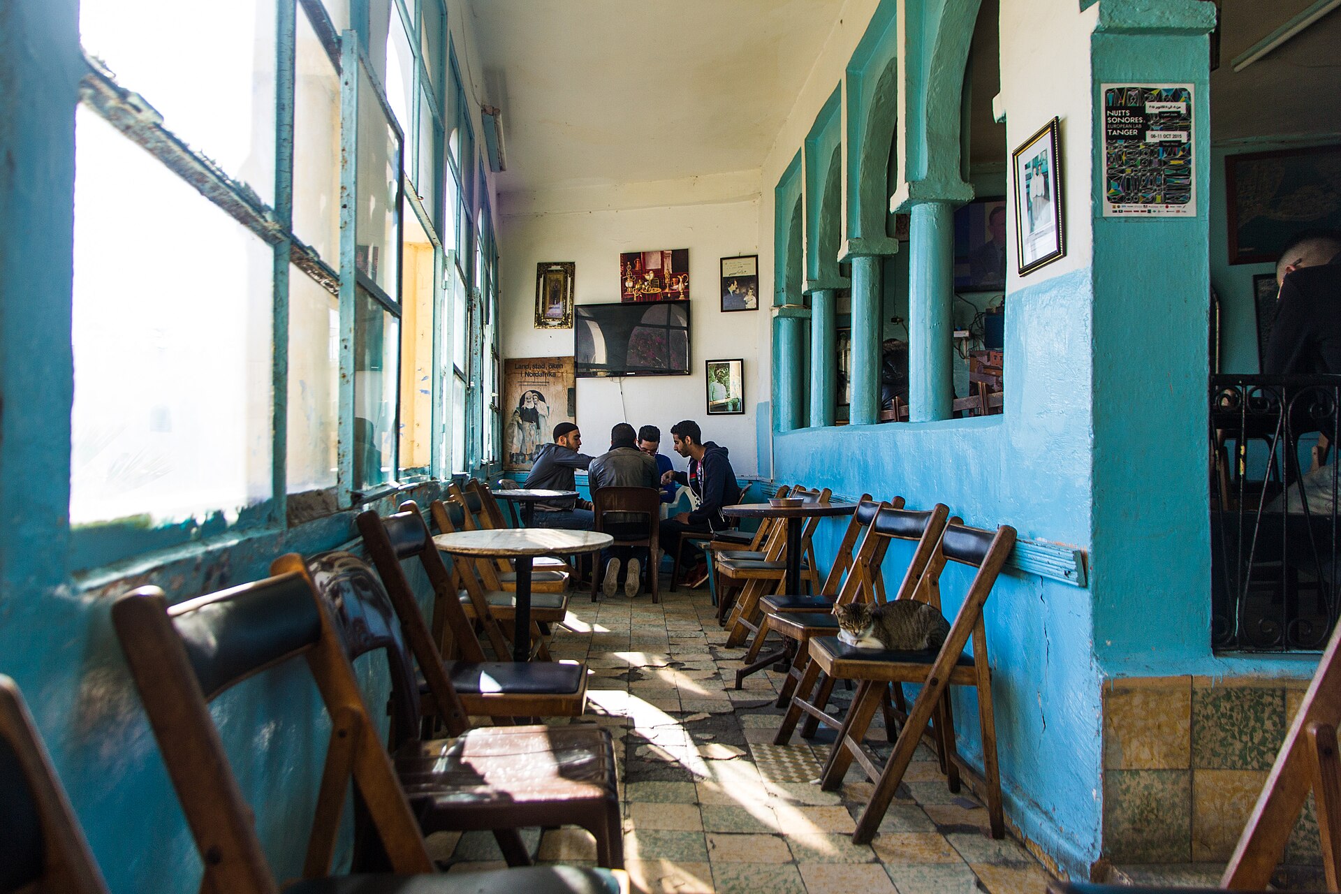 Morocco media: a café in Tangier with a television on the wall