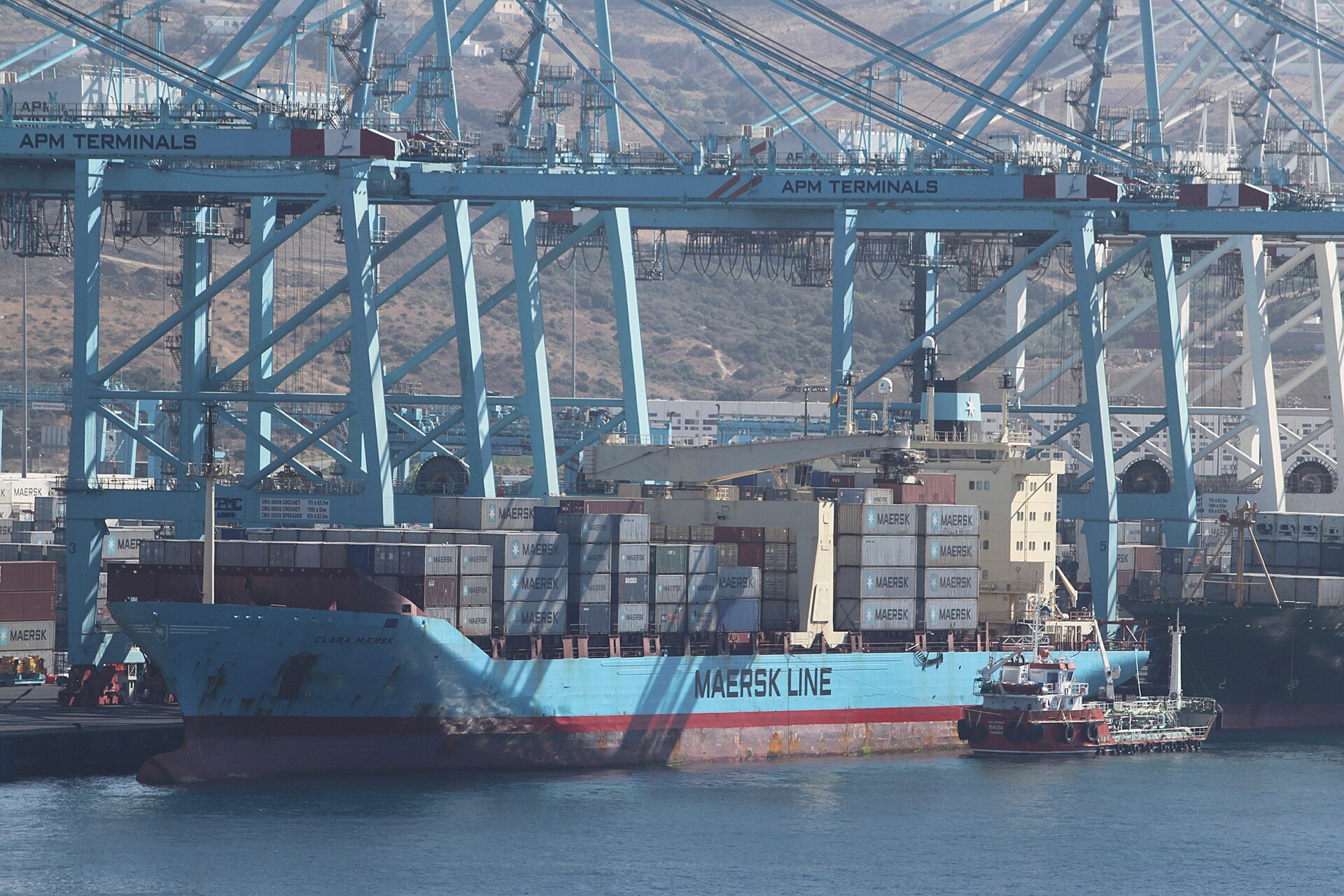 The container ship Clara Maersk at a quay under APM Terminals cranes in the Tanger Med port in Morocco