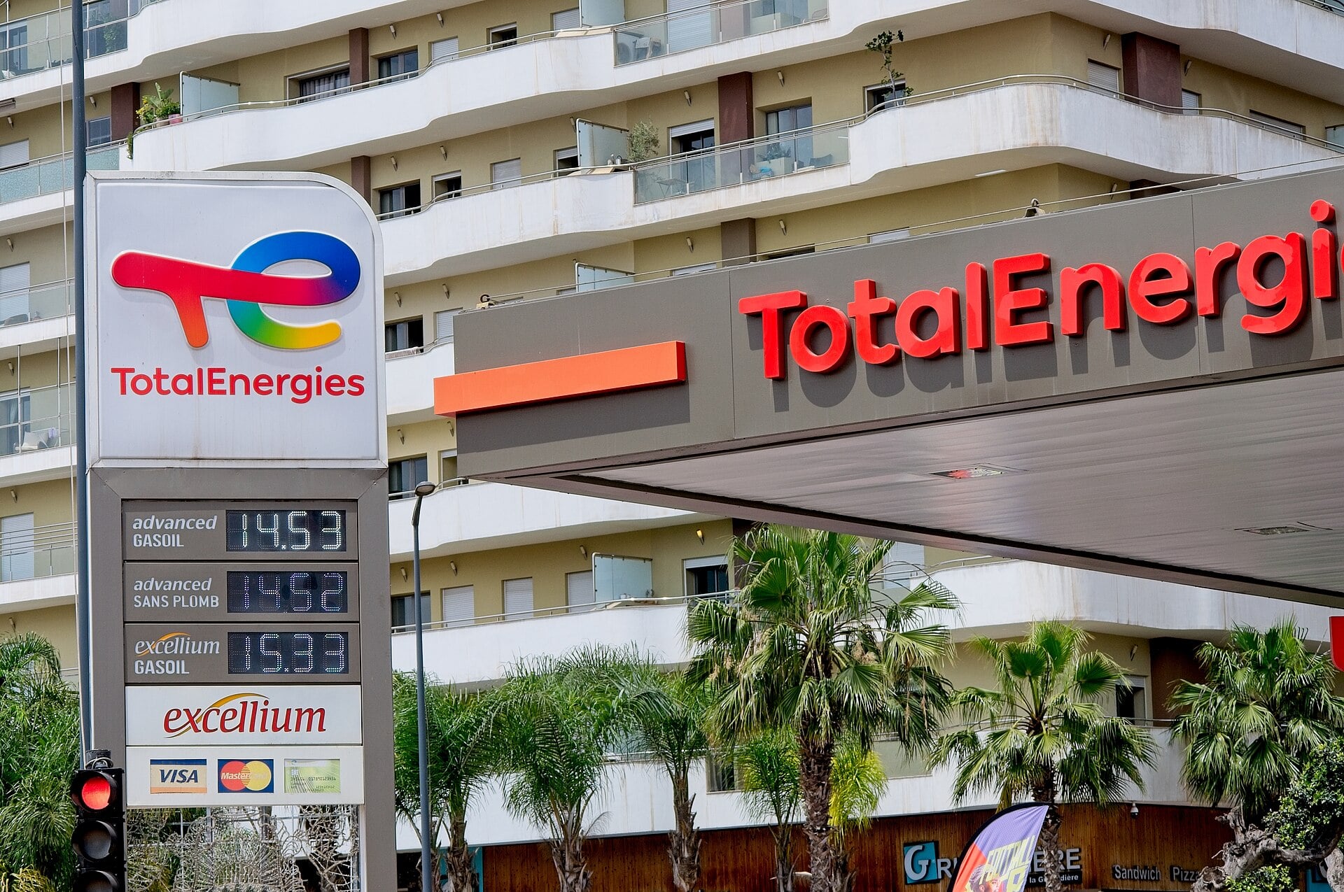 A TotalEnergies fuel station with a diesel price board in Casablanca, Morocco