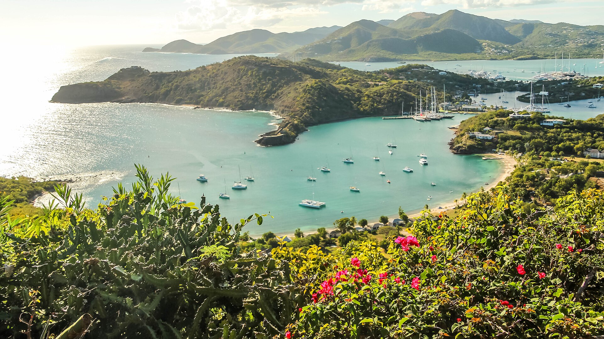 English Harbour and Falmouth Harbour in Antigua seen from Shirley Heights