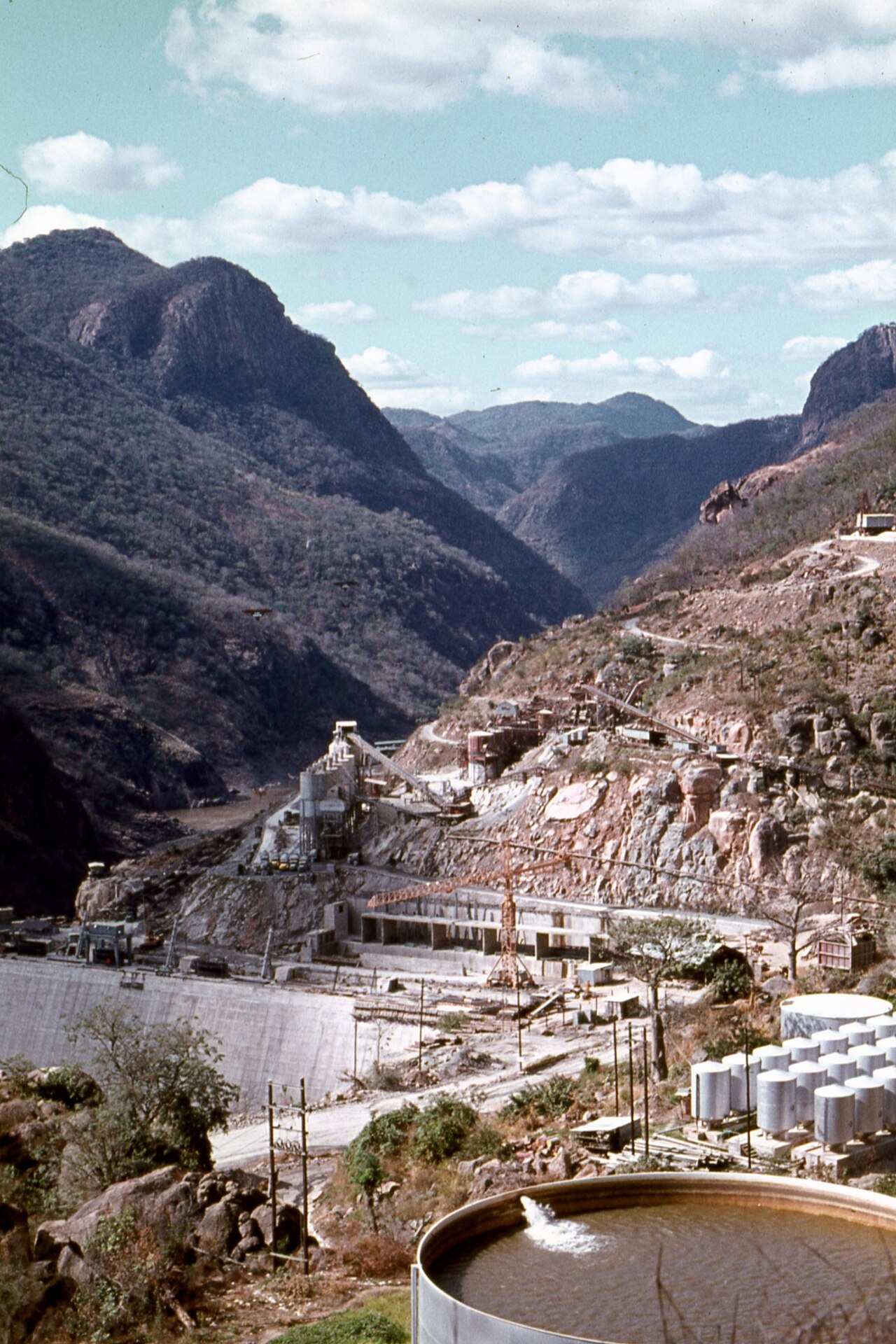 The Cahora Bassa dam under construction in a gorge of the Zambezi river in Mozambique