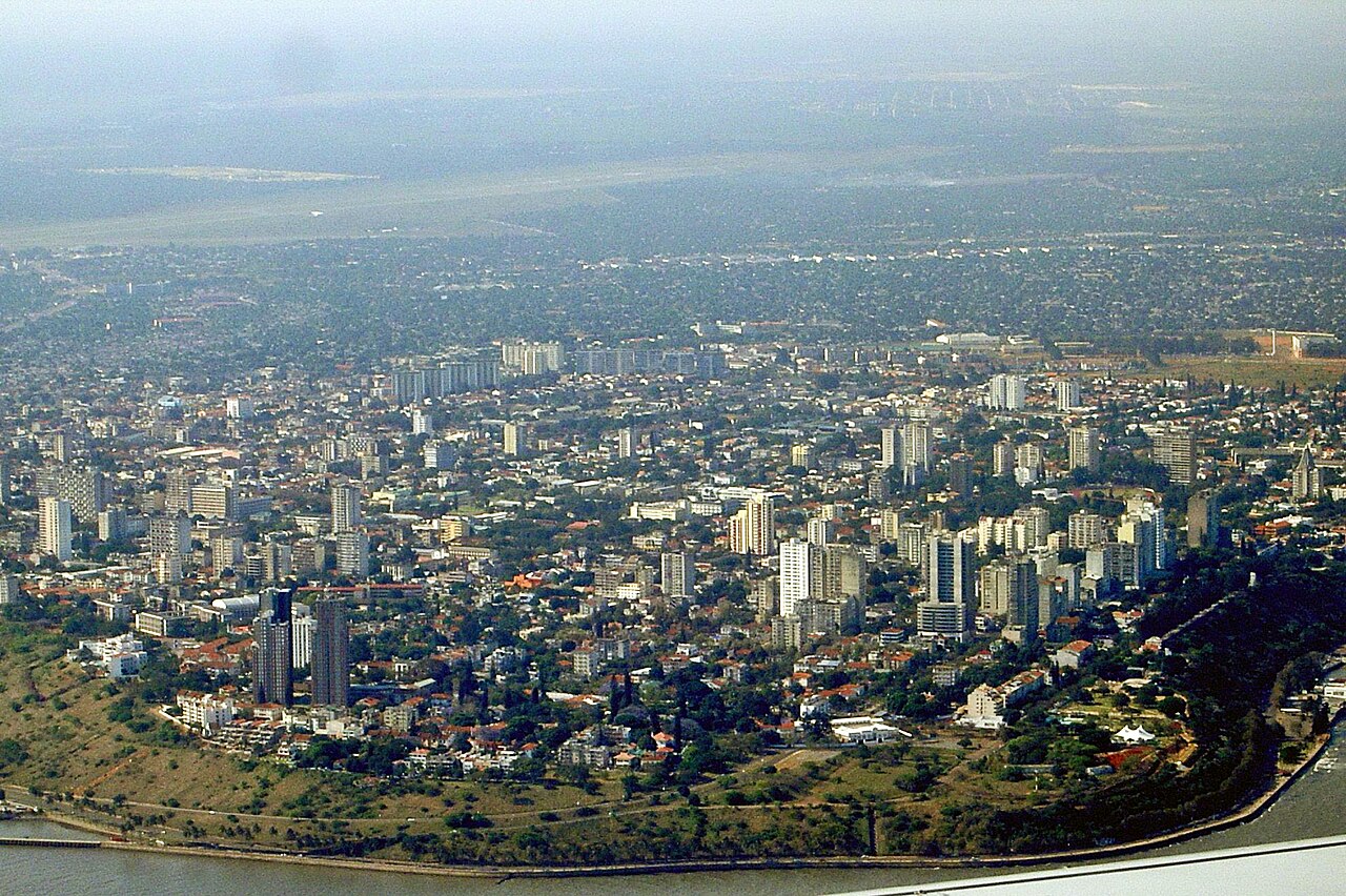 Aerial view of Maputo, the capital of Mozambique, with high-rise buildings and the bay
