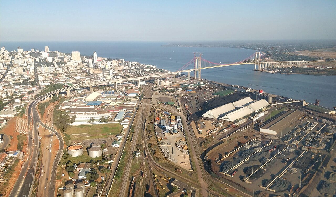 Aerial view of Maputo's port, railway yards and the Maputo–Katembe suspension bridge